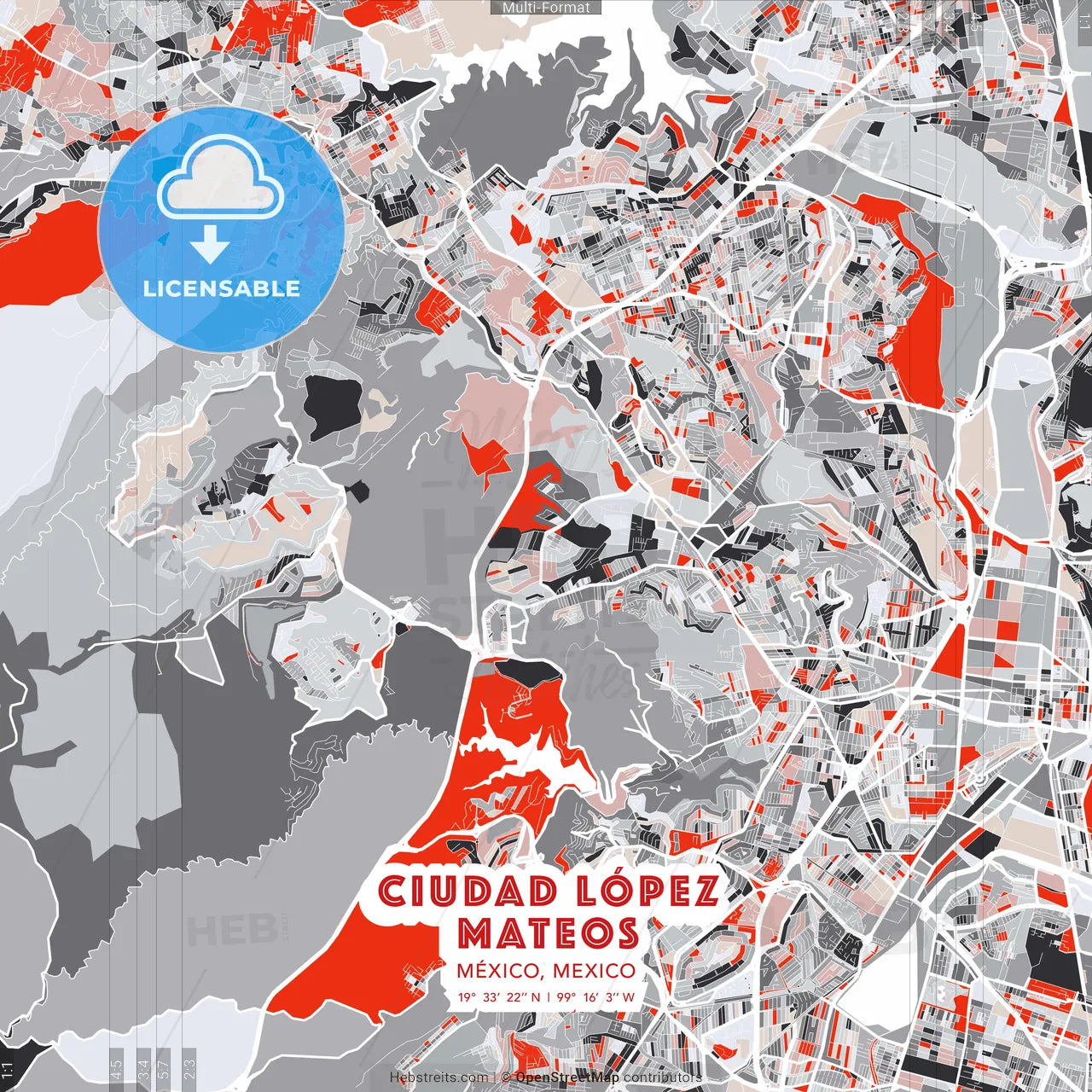 Ciudad López Mateos, México, Mexico - modern street map poster template with gray and red tones