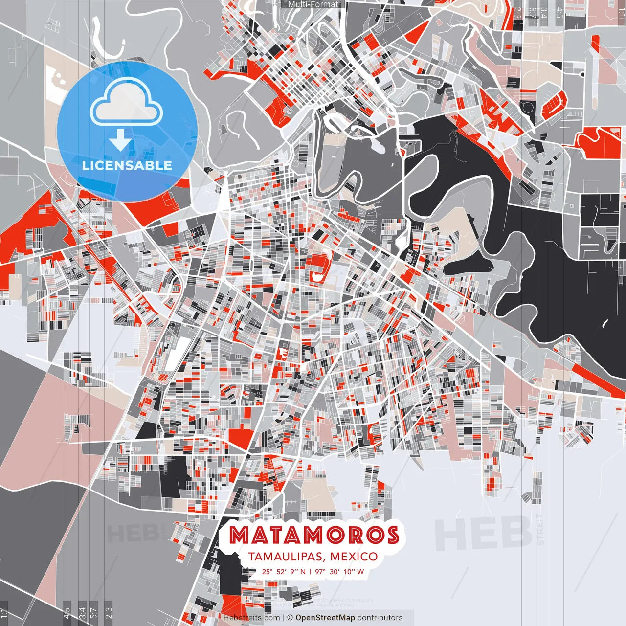Matamoros, Tamaulipas, Mexico - modern street map poster template with gray and red tones