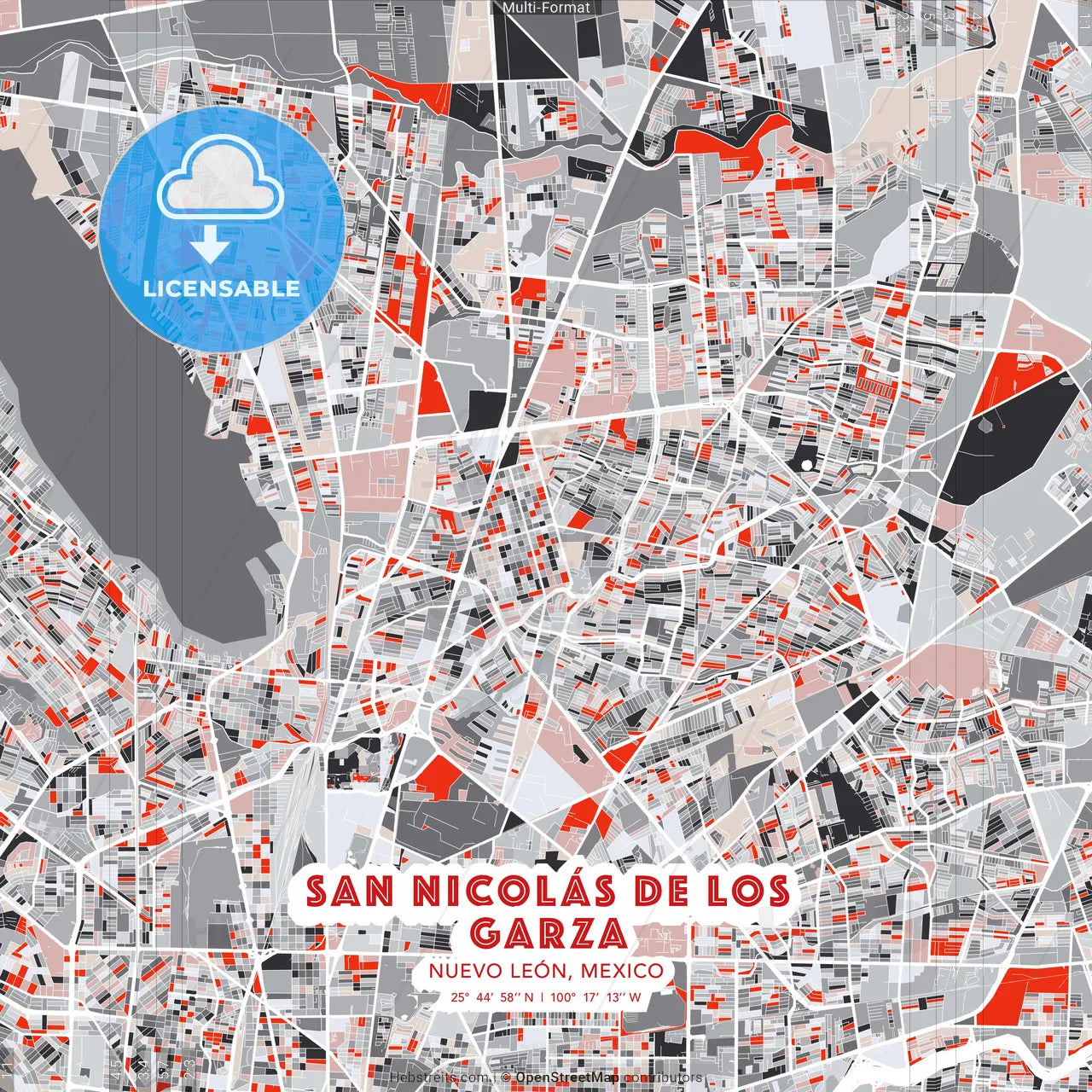 San Nicolás de los Garza, Nuevo León, Mexico - modern street map poster template with gray and red tones
