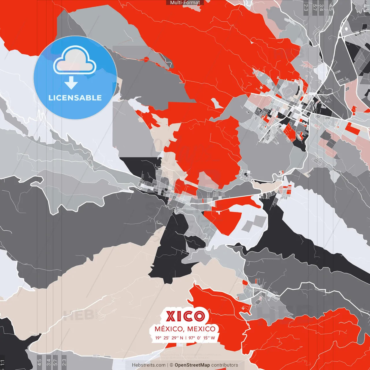 Xico, México, Mexico - modern street map poster template with gray and red tones