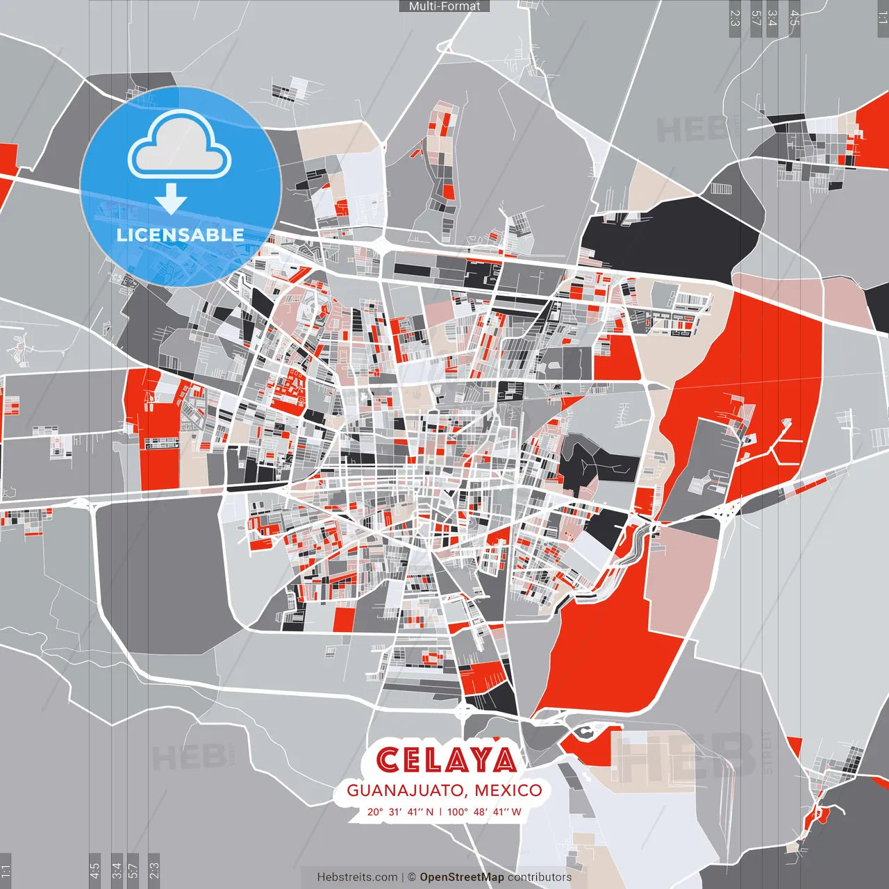 Celaya, Guanajuato, Mexico - modern street map poster template with gray and red tones