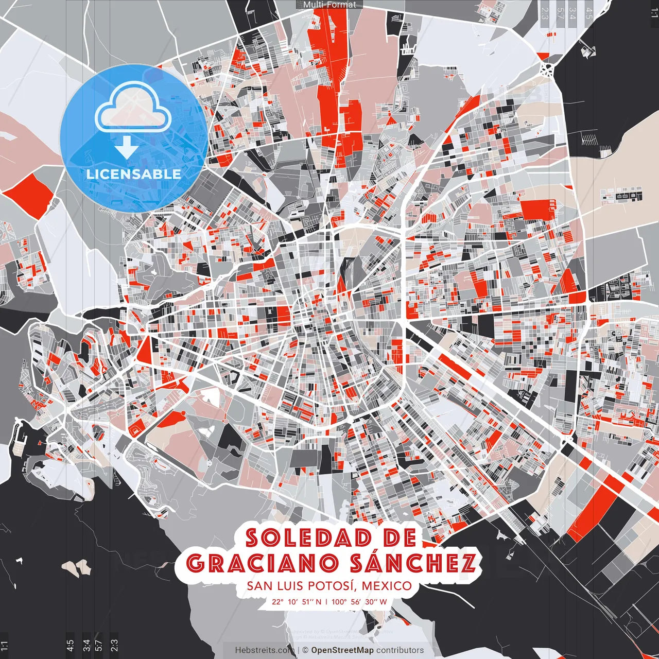 Soledad de Graciano Sánchez, San Luis Potosí, Mexico - modern street map poster template with gray and red tones