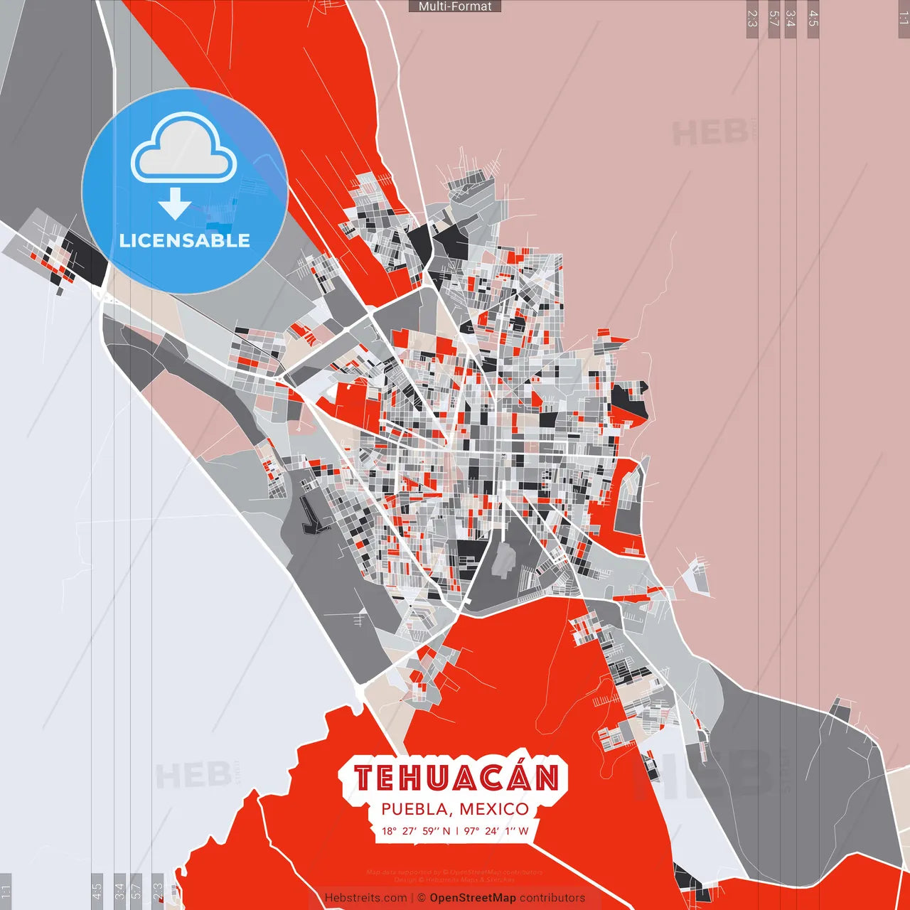 Tehuacán, Puebla, Mexico - modern street map poster template with gray and red tones