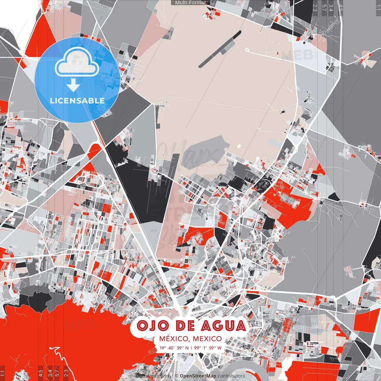 Ojo de Agua, México, Mexico - modern street map poster template with gray and red tones