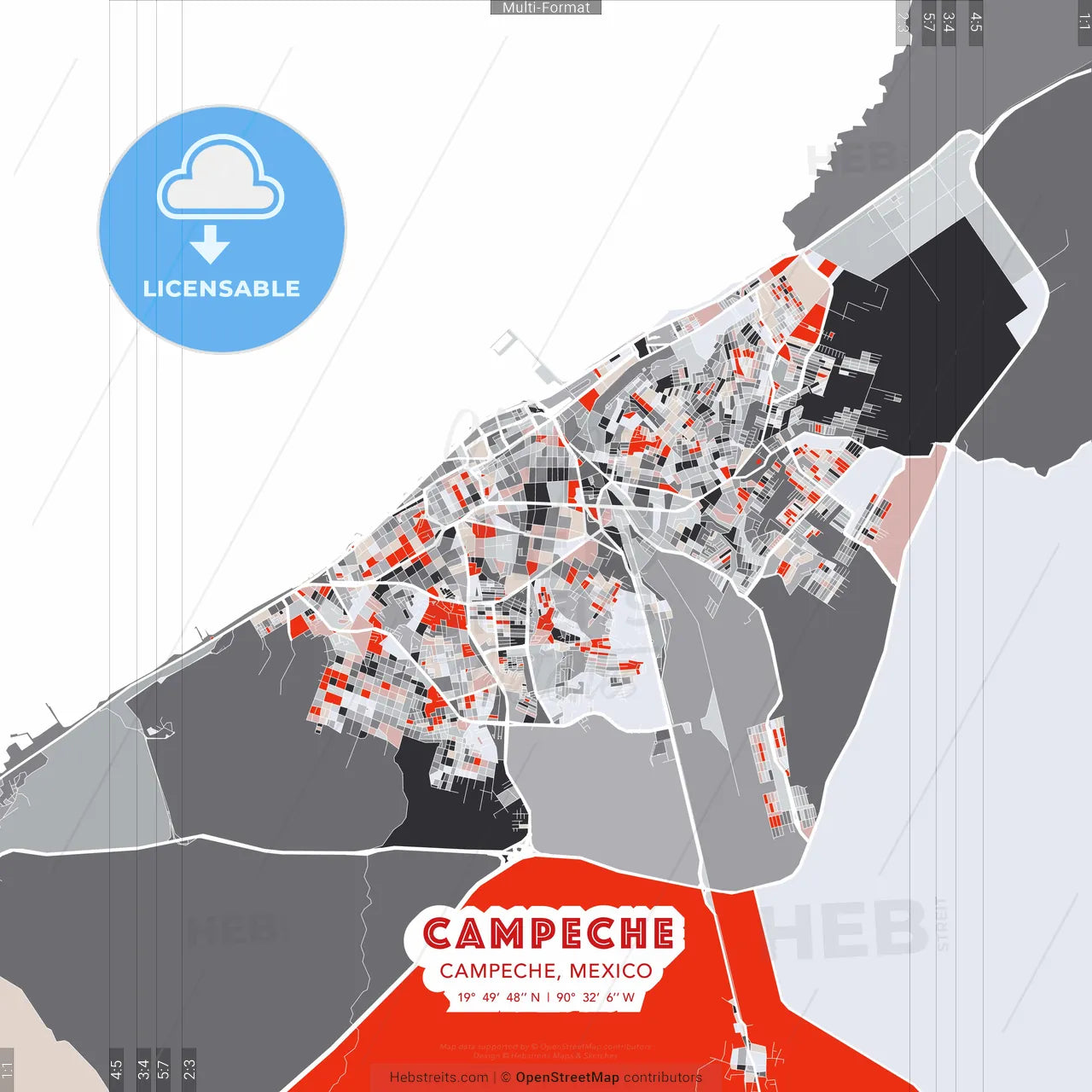 Campeche, Campeche, Mexico - modern street map poster template with gray and red tones