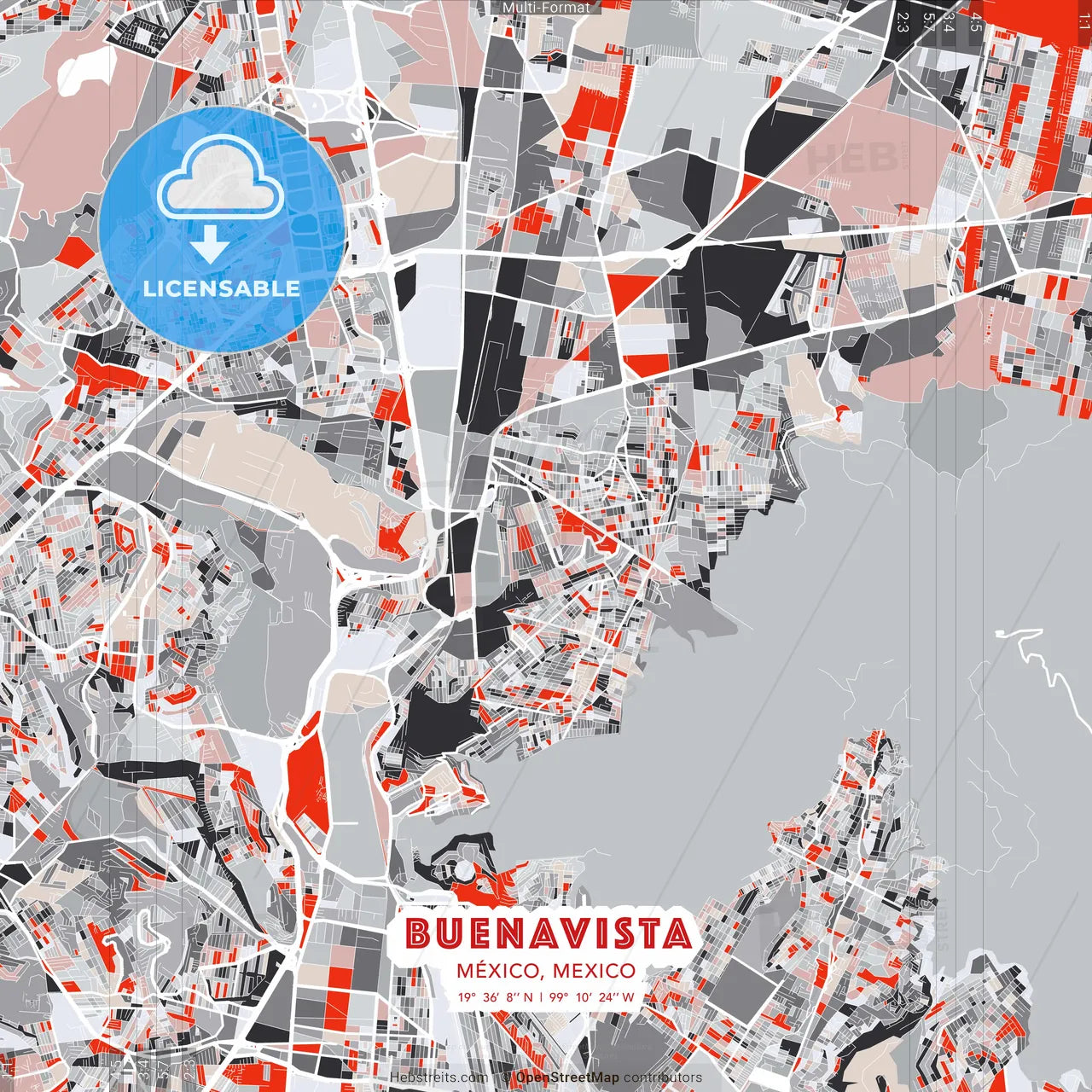 Buenavista, México, Mexico - modern street map poster template with gray and red tones