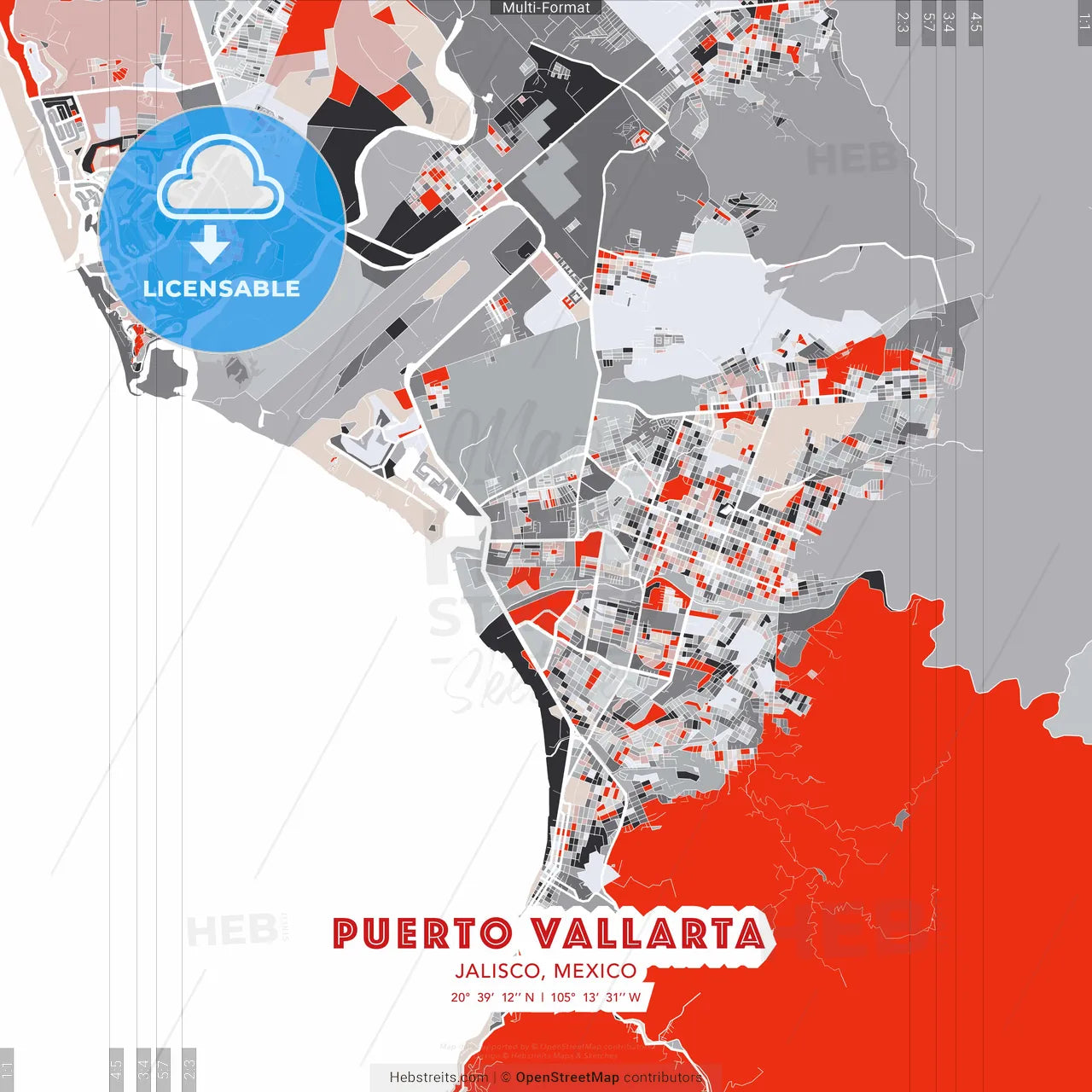 Puerto Vallarta, Jalisco, Mexico - modern street map poster template with gray and red tones