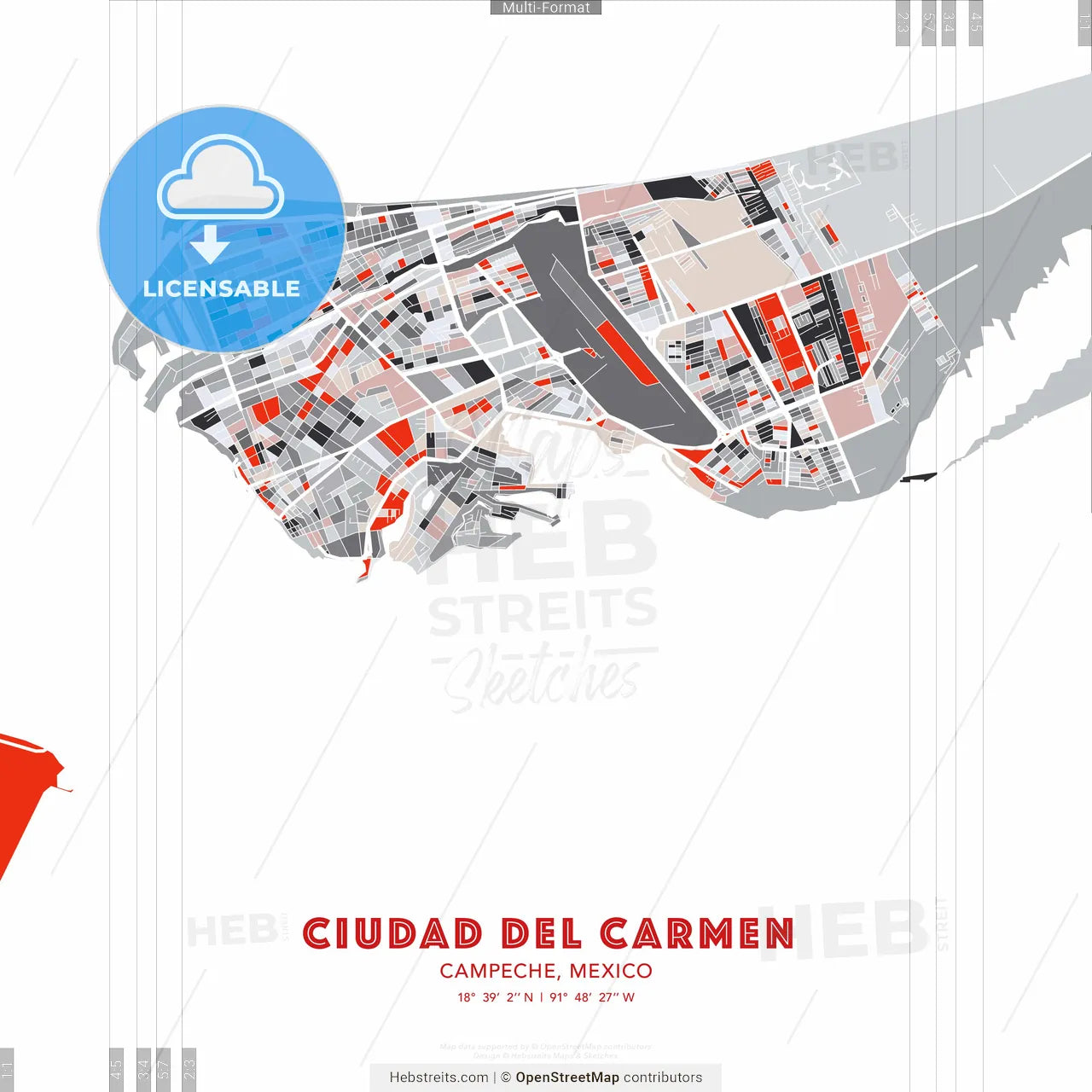 Ciudad del Carmen, Campeche, Mexico - modern street map poster template with gray and red tones