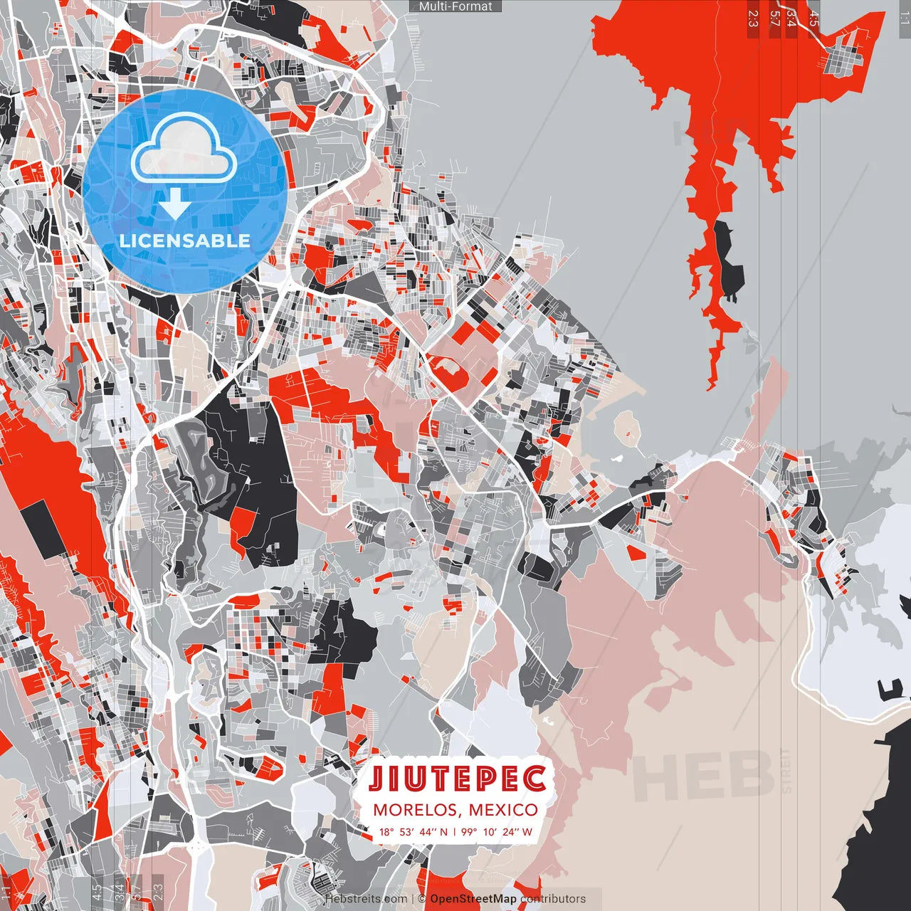 Jiutepec, Morelos, Mexico - modern street map poster template with gray and red tones