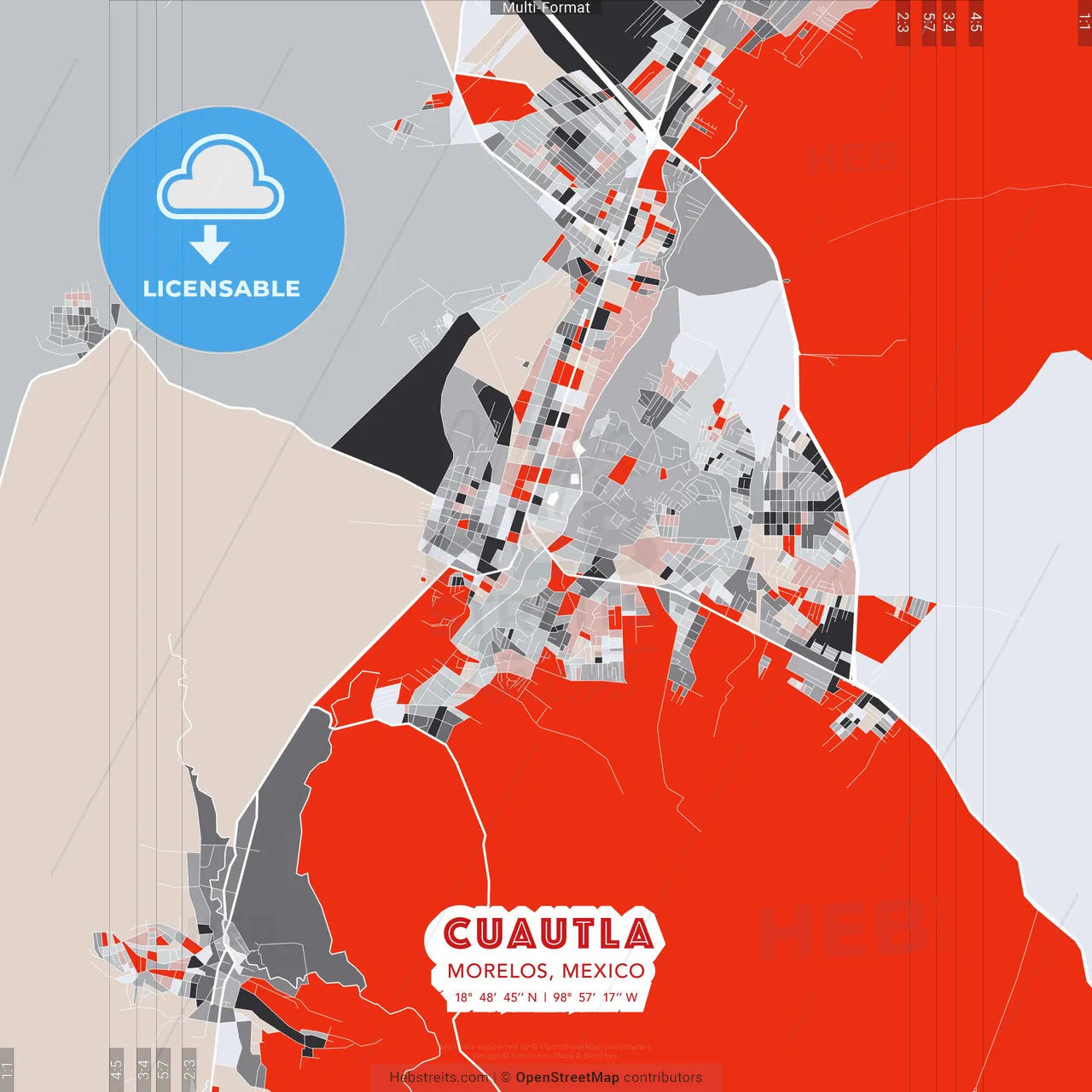 Cuautla, Morelos, Mexico - modern street map poster template with gray and red tones