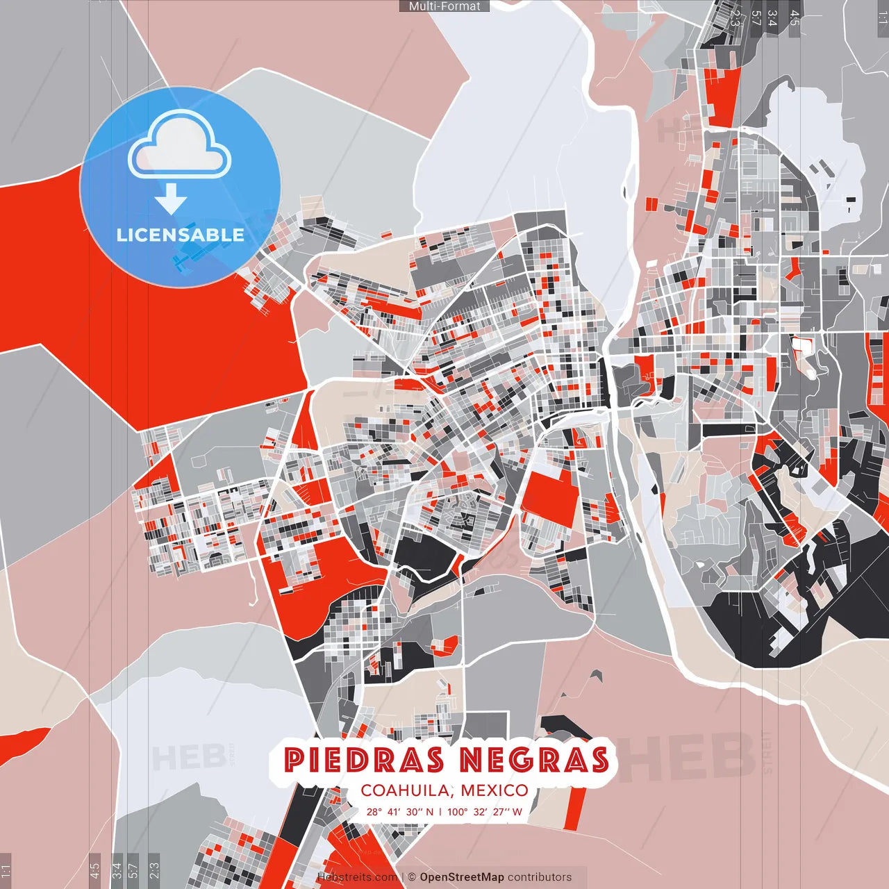 Piedras Negras, Coahuila, Mexico - modern street map poster template with gray and red tones