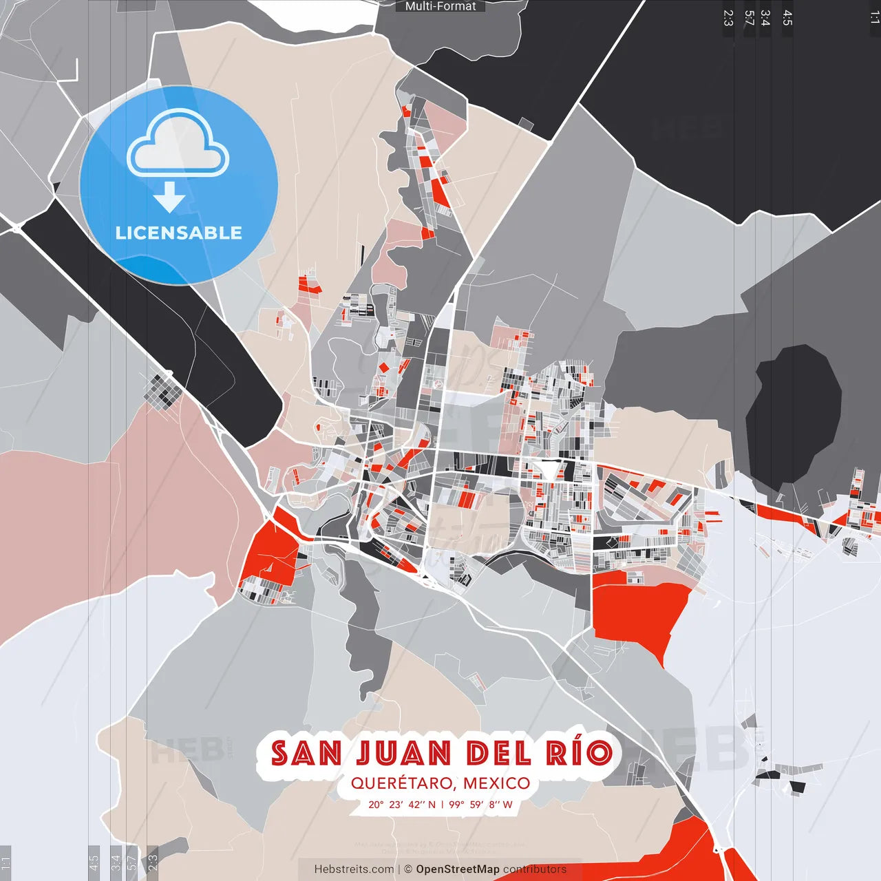 San Juan del Río, Querétaro, Mexico - modern street map poster template with gray and red tones