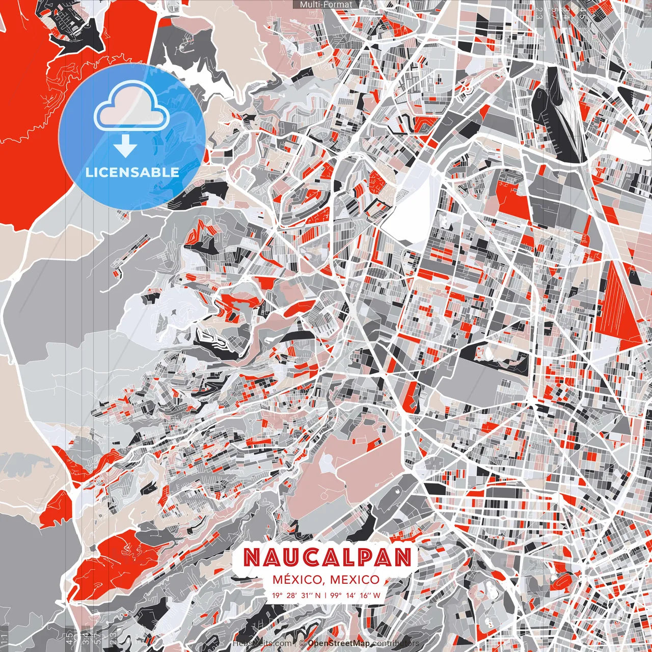 Naucalpan, México, Mexico - modern street map poster template with gray and red tones