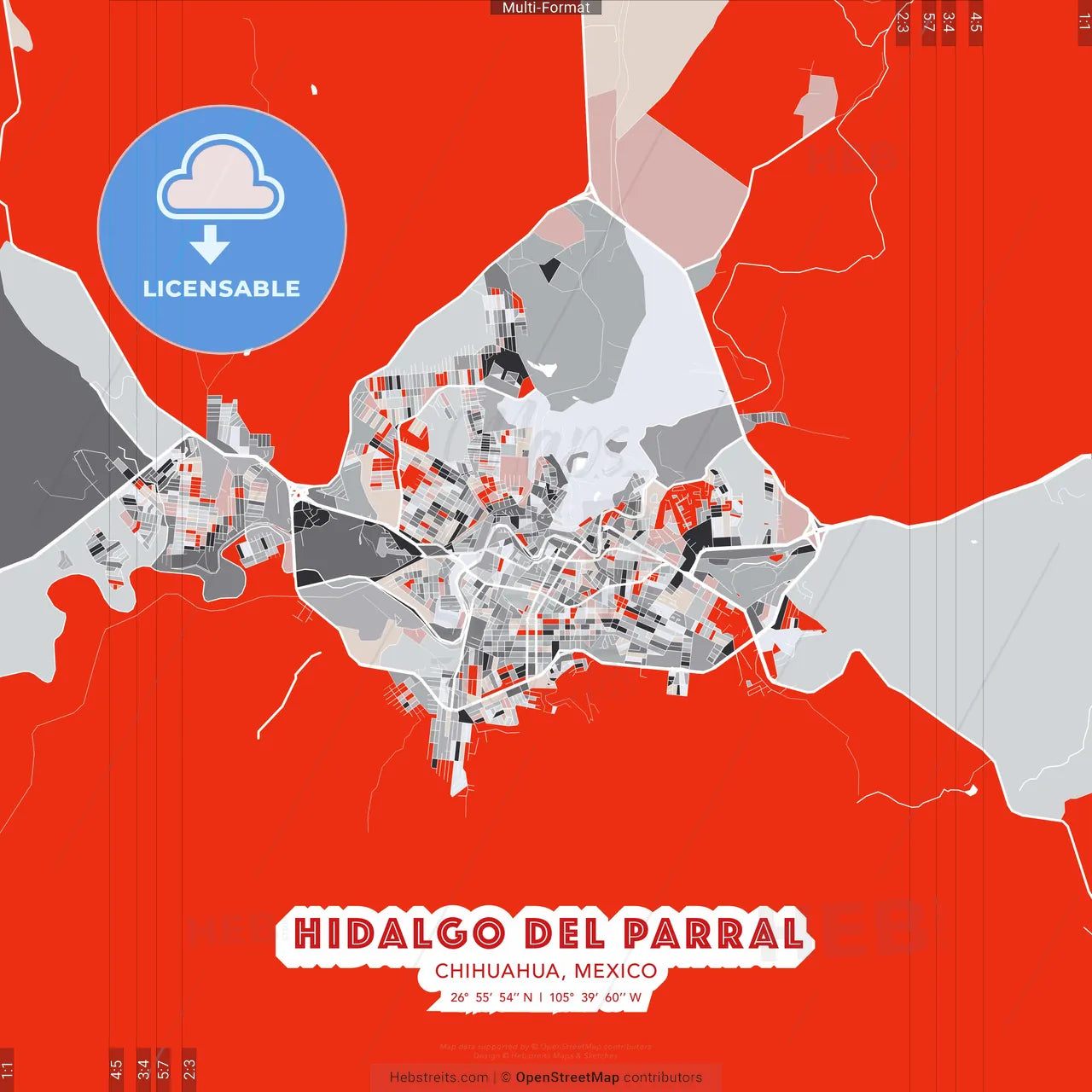 Hidalgo del Parral, Chihuahua, Mexico - modern street map poster template with gray and red tones