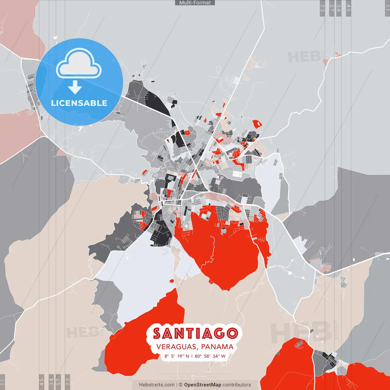 Santiago, Veraguas, Panama - modern street map poster template with gray and red tones