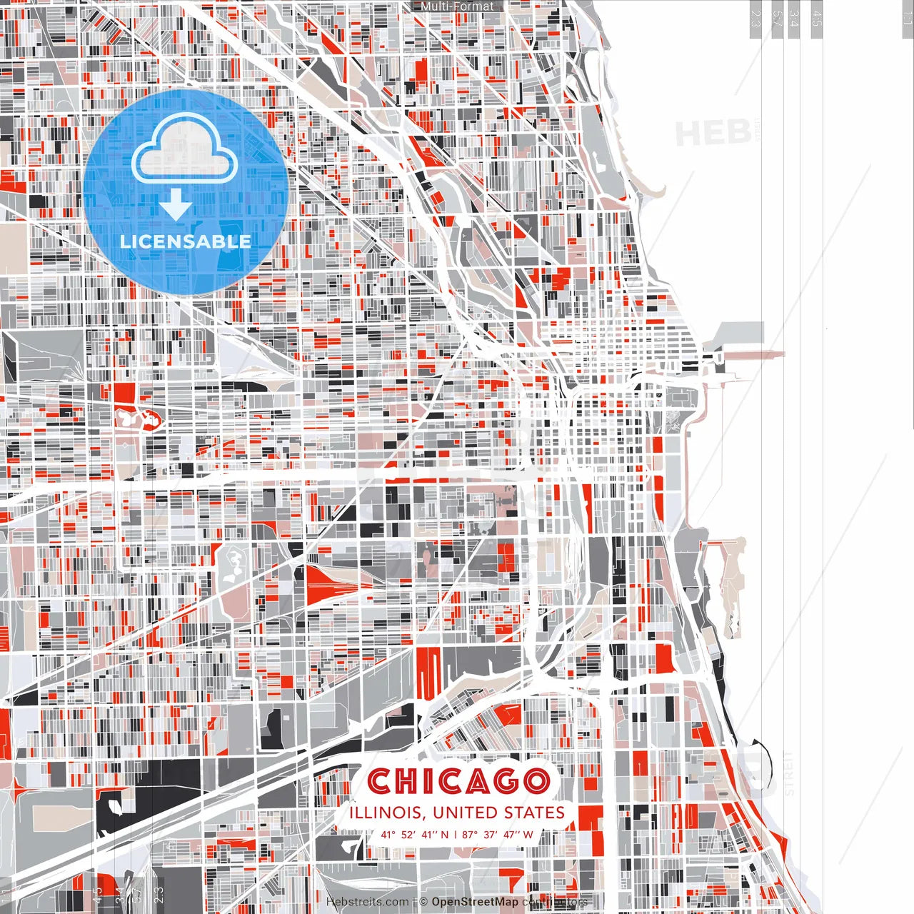 Chicago, Illinois, United States - modern street map poster template with gray and red tones