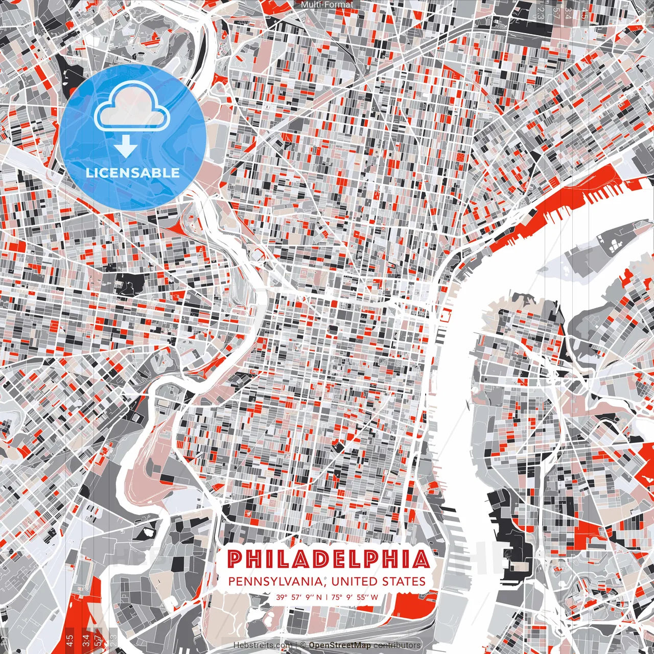 Philadelphia, Pennsylvania, United States - modern street map poster template with gray and red tones