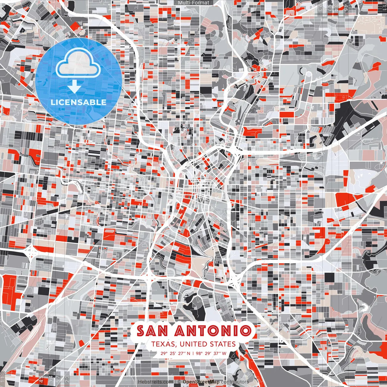 San Antonio, Texas, United States - modern street map poster template with gray and red tones