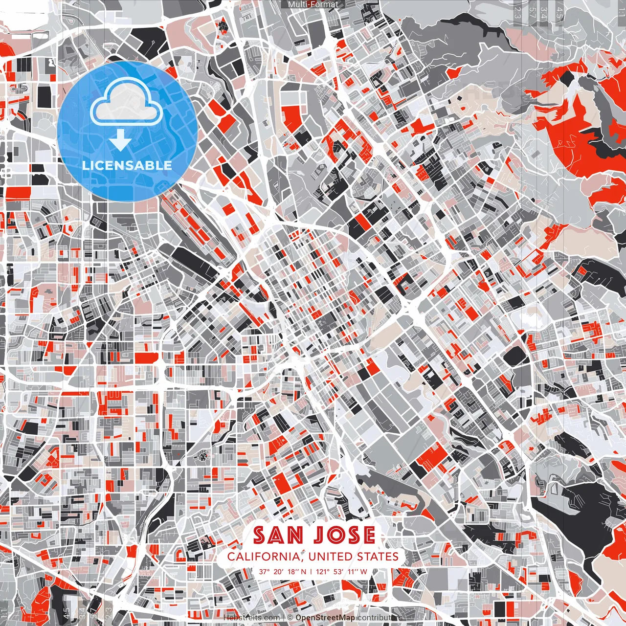 San Jose, California, United States - modern street map poster template with gray and red tones