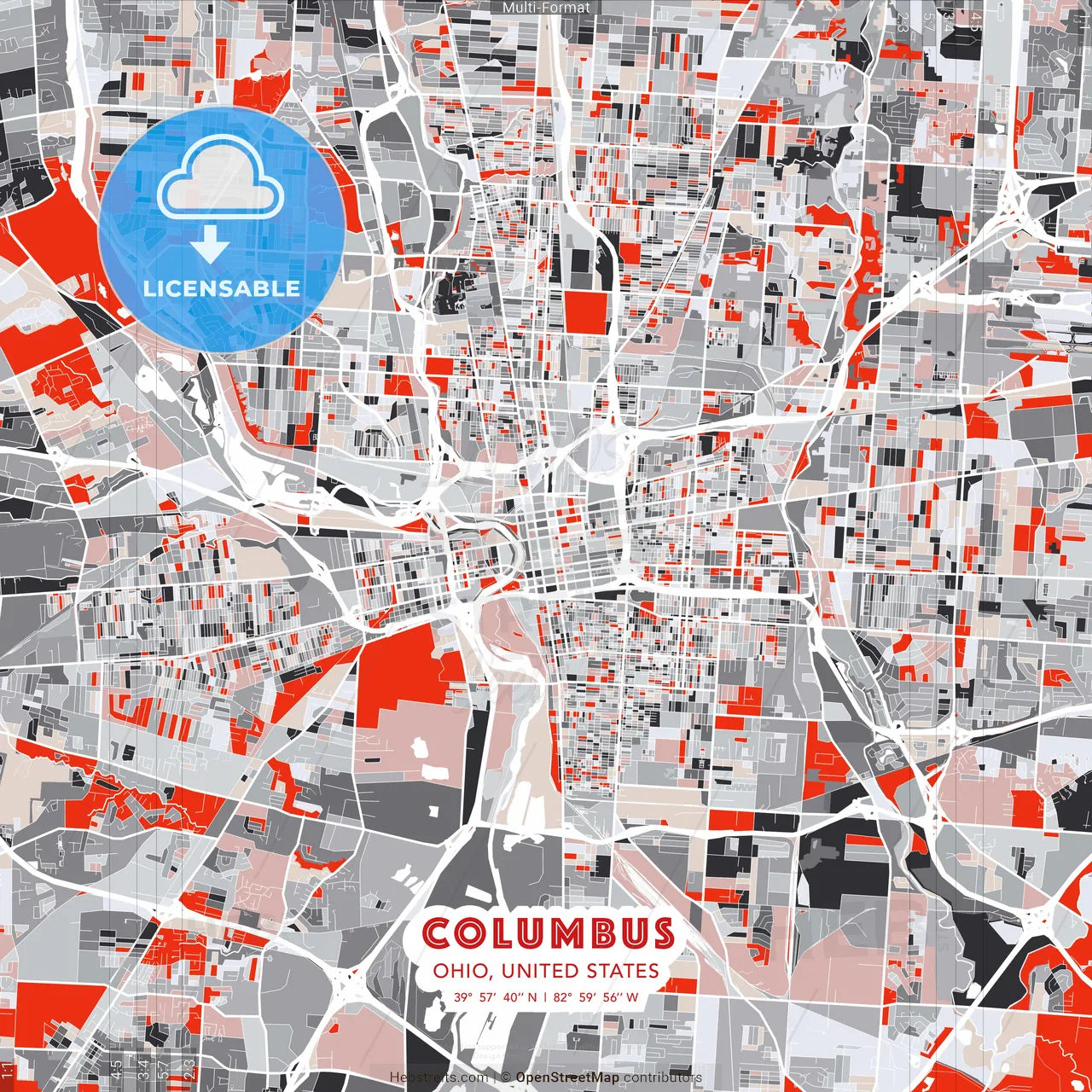 Columbus, Ohio, United States - modern street map poster template with gray and red tones