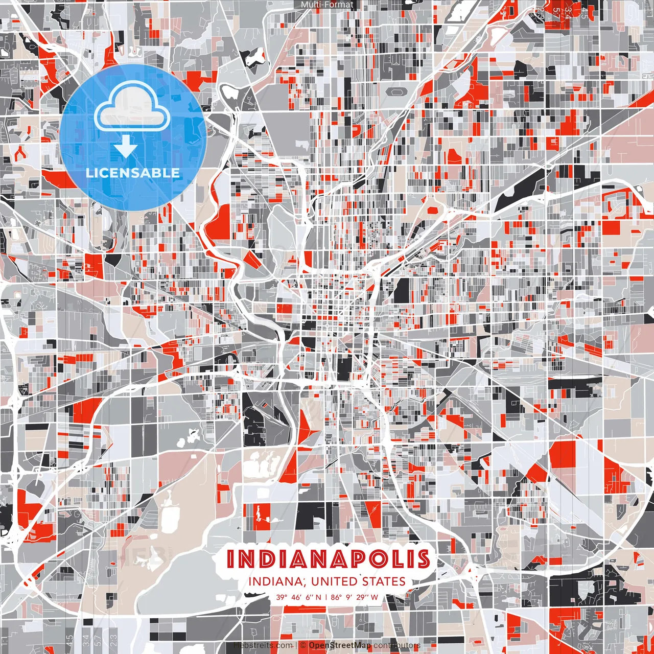 Indianapolis, Indiana, United States - modern street map poster template with gray and red tones