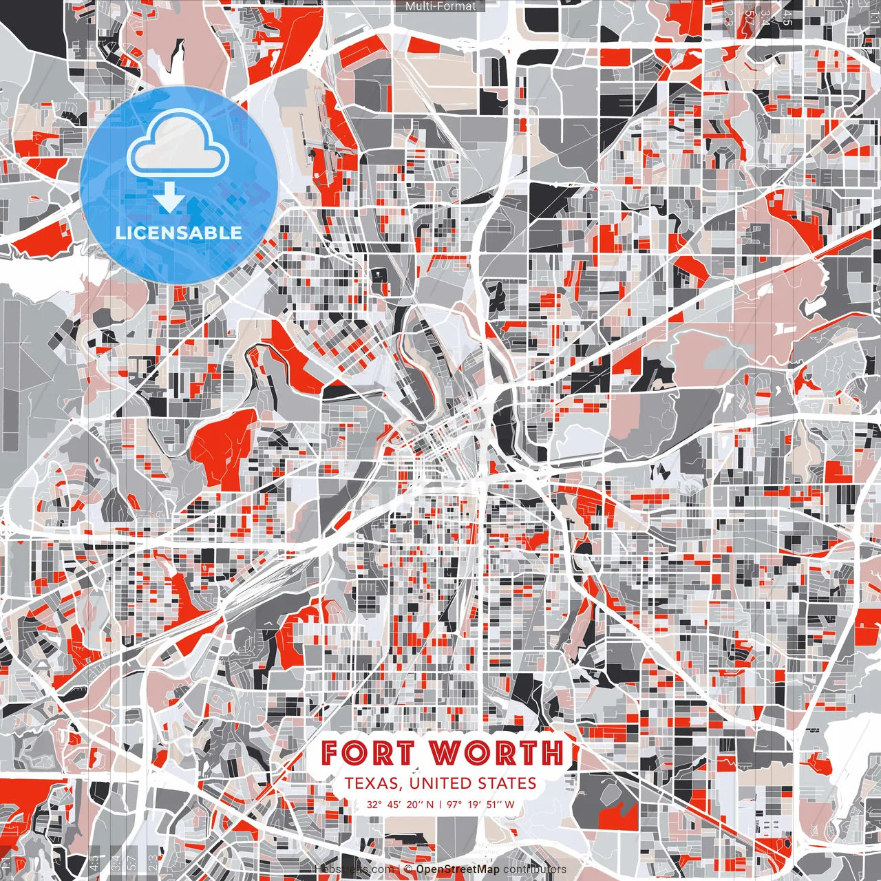 Fort Worth, Texas, United States - modern street map poster template with gray and red tones