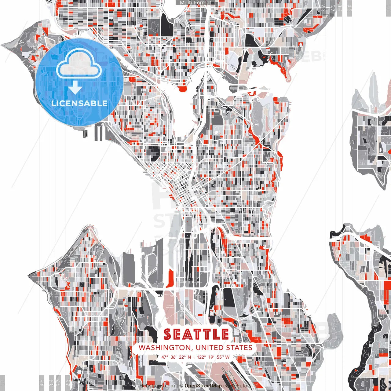 Seattle, Washington, United States - modern street map poster template with gray and red tones