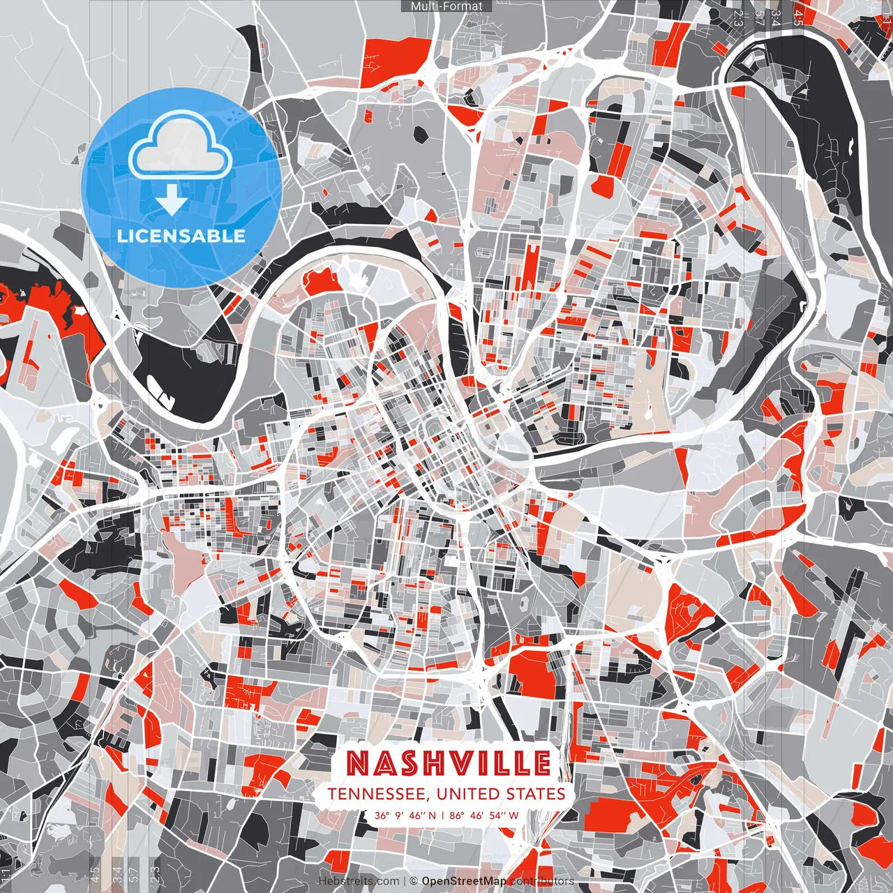 Nashville, Tennessee, United States - modern street map poster template with gray and red tones