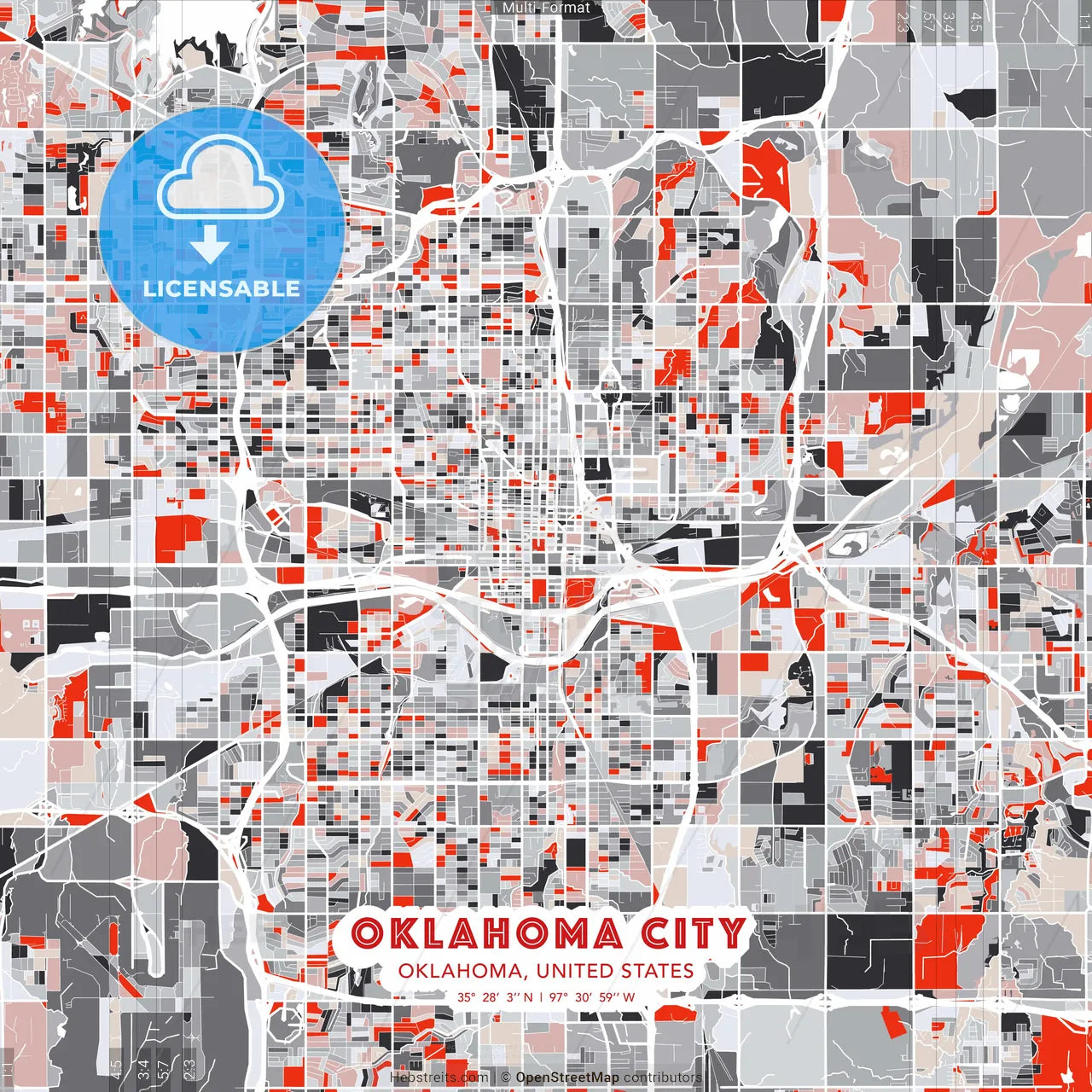 Oklahoma City, Oklahoma, United States - modern street map poster template with gray and red tones