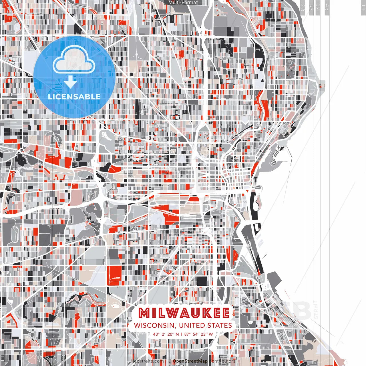 Milwaukee, Wisconsin, United States - modern street map poster template with gray and red tones