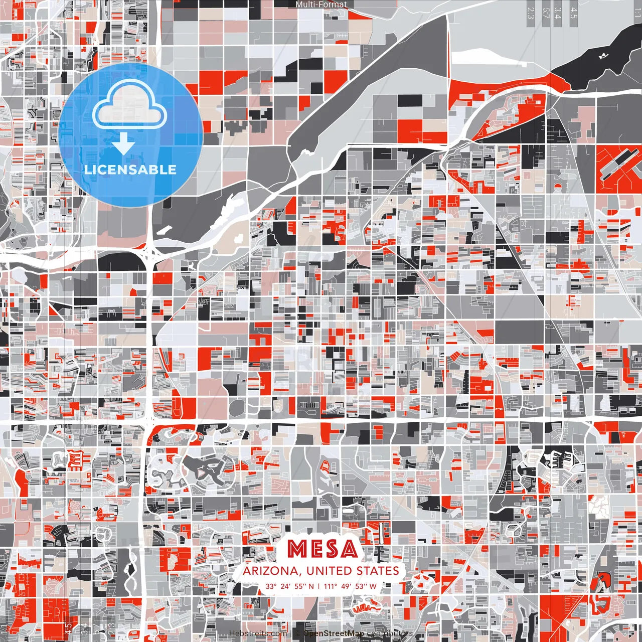 Mesa, Arizona, United States - modern street map poster template with gray and red tones