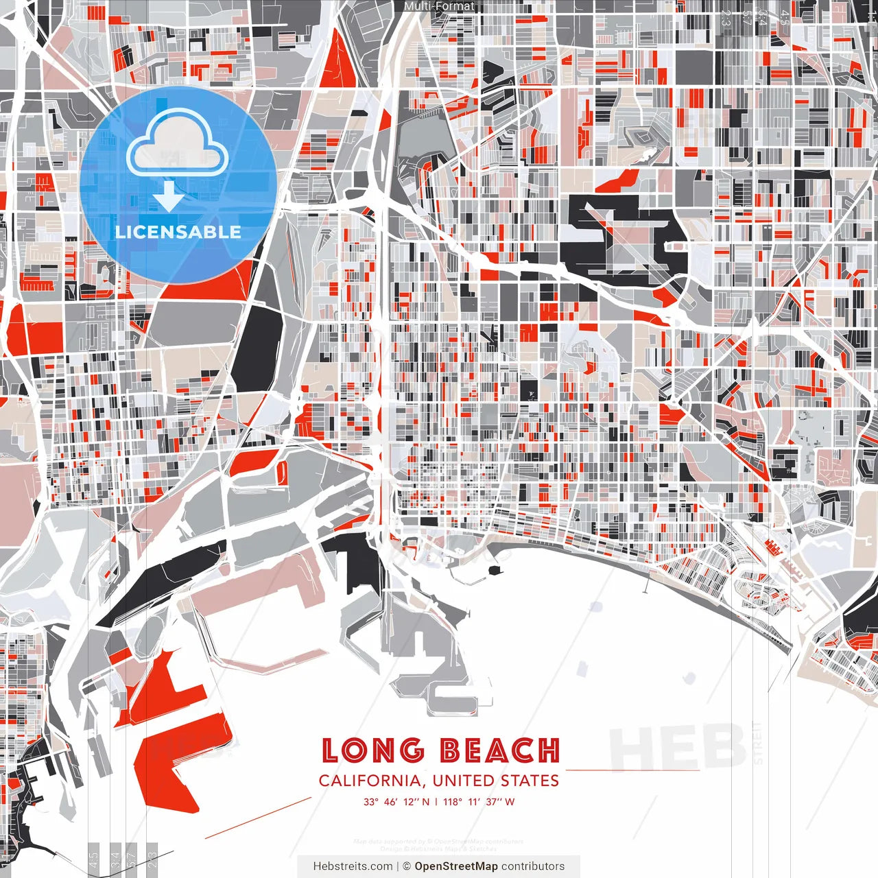 Long Beach, California, United States - modern street map poster template with gray and red tones