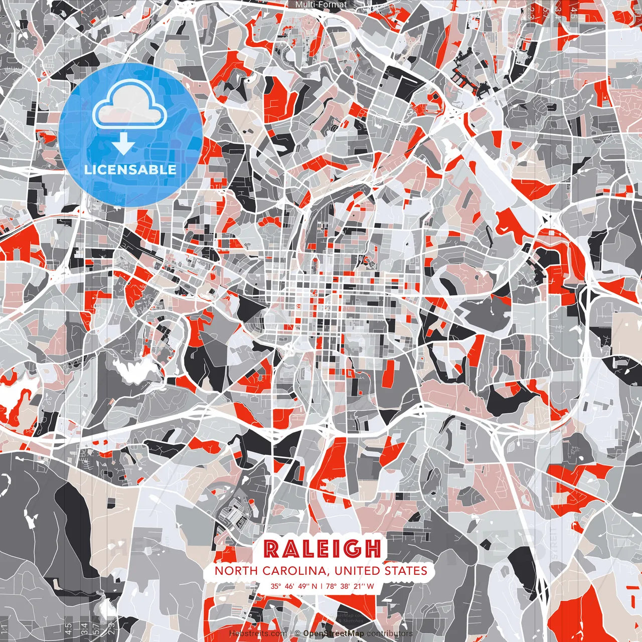Raleigh, North Carolina, United States - modern street map poster template with gray and red tones