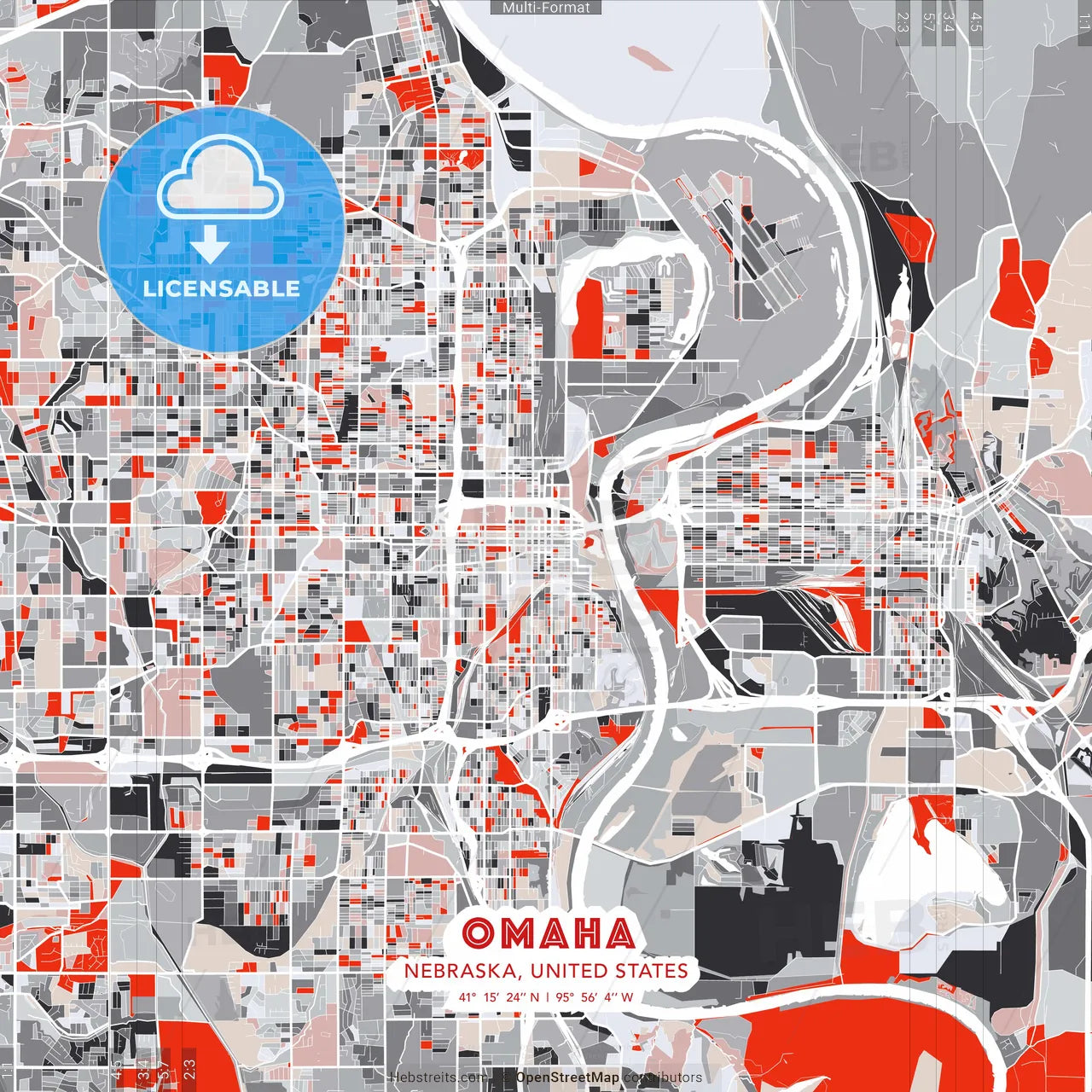 Omaha, Nebraska, United States - modern street map poster template with gray and red tones
