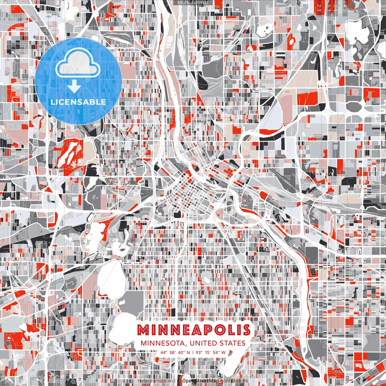 Minneapolis, Minnesota, United States - modern street map poster template with gray and red tones