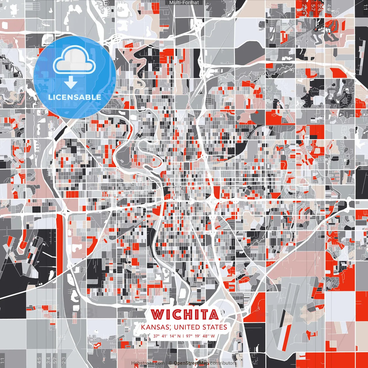 Wichita, Kansas, United States - modern street map poster template with gray and red tones
