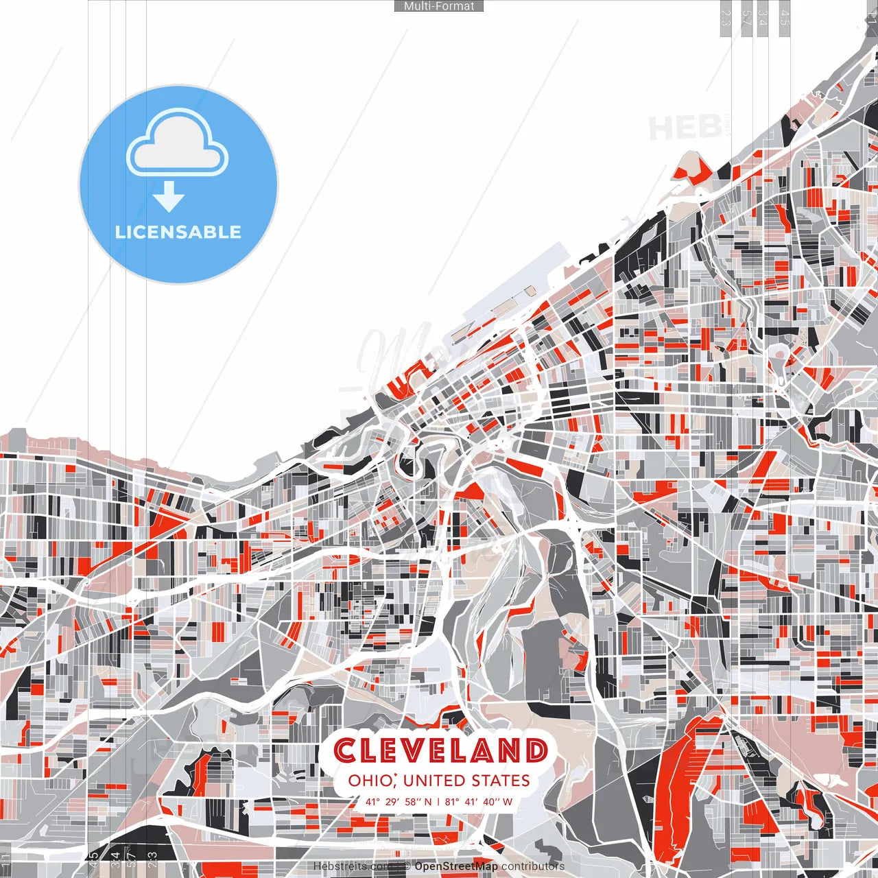 Cleveland, Ohio, United States - modern street map poster template with gray and red tones