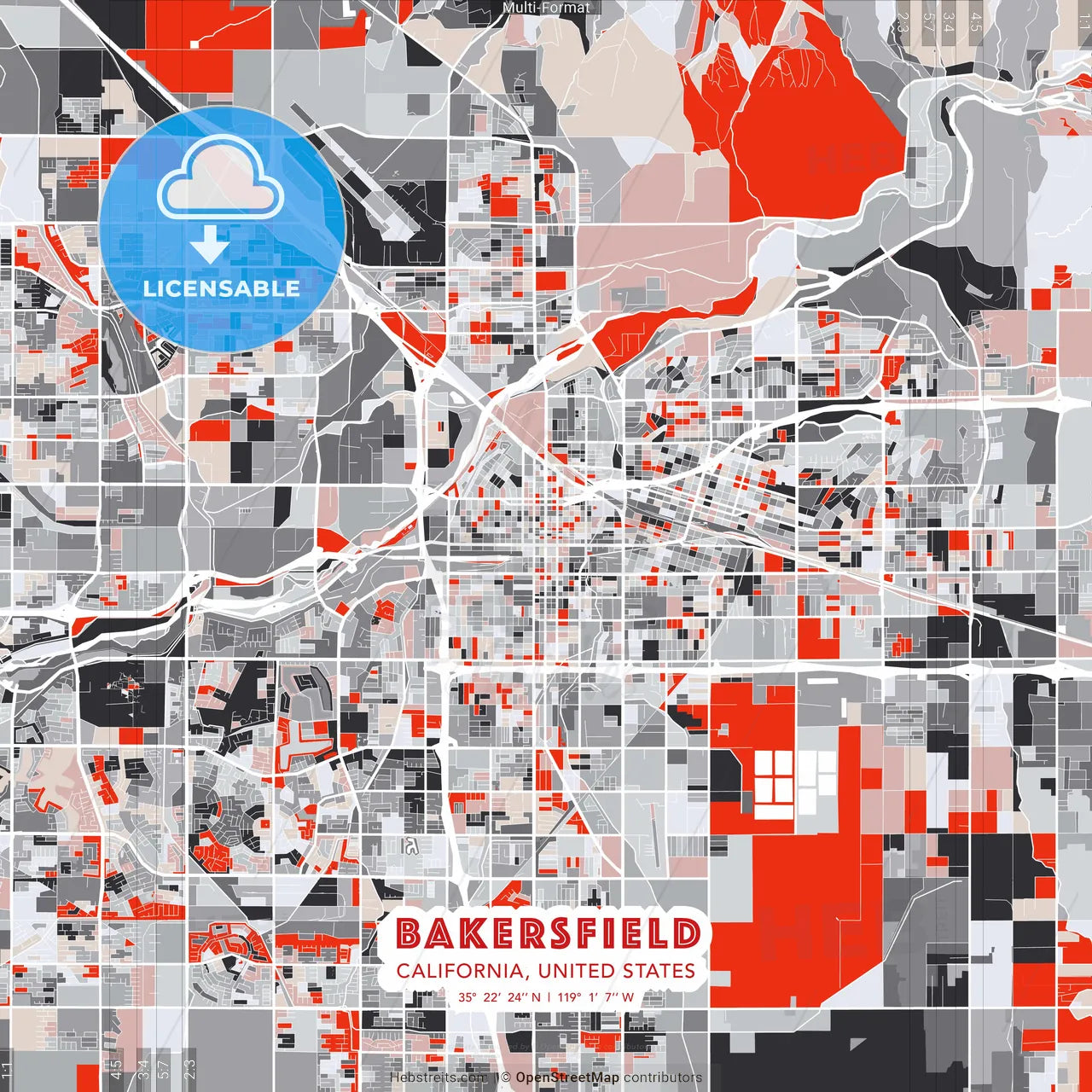Bakersfield, California, United States - modern street map poster template with gray and red tones