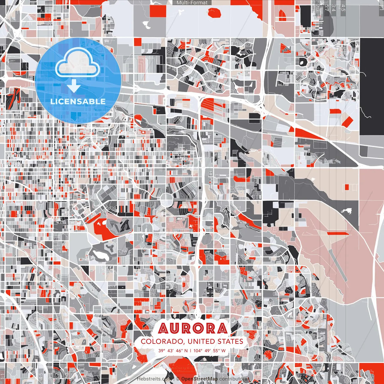 Aurora, Colorado, United States - modern street map poster template with gray and red tones