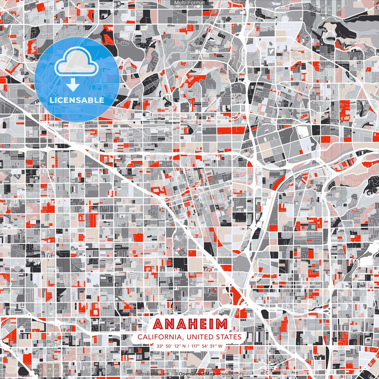 Anaheim, California, United States - modern street map poster template with gray and red tones
