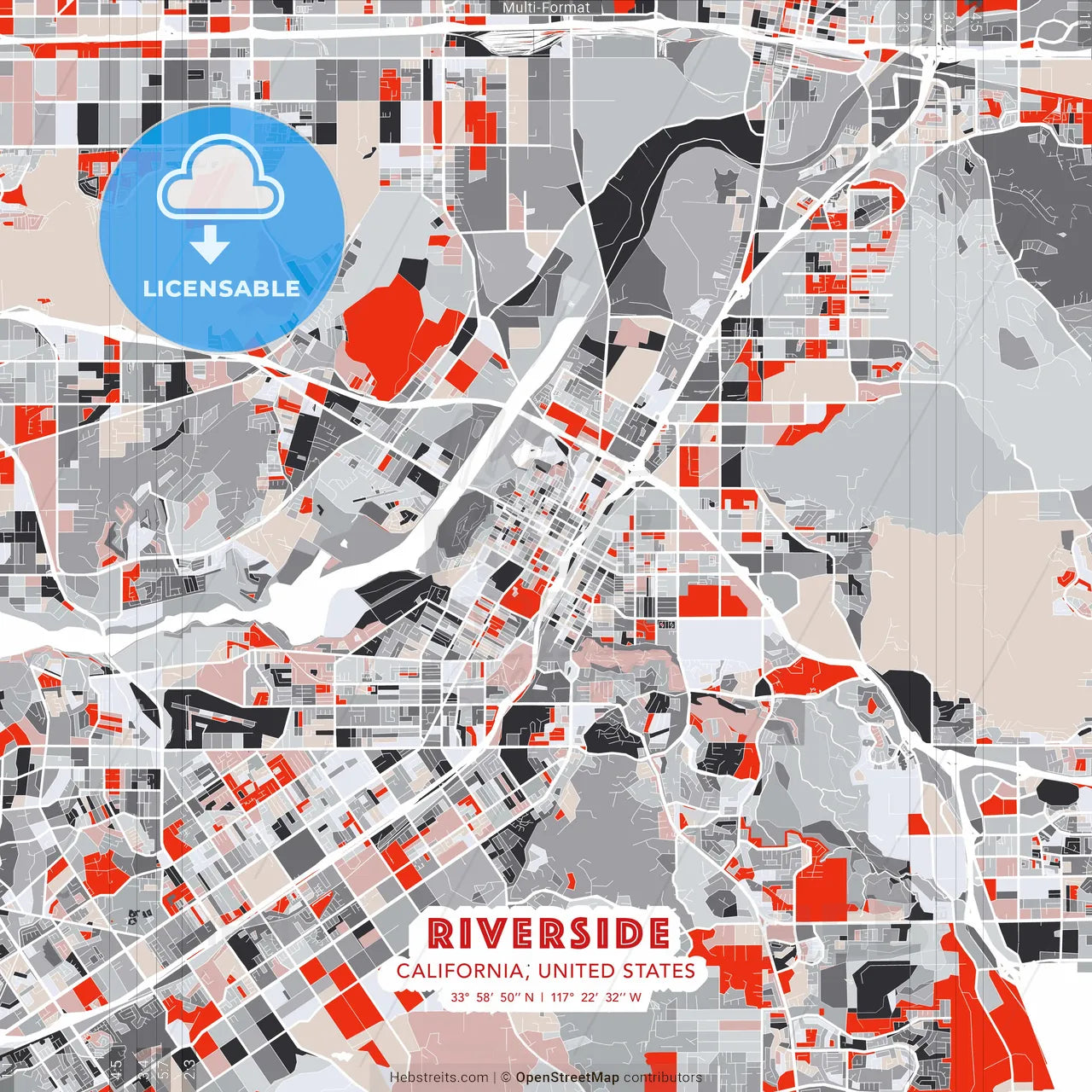 Riverside, California, United States - modern street map poster template with gray and red tones