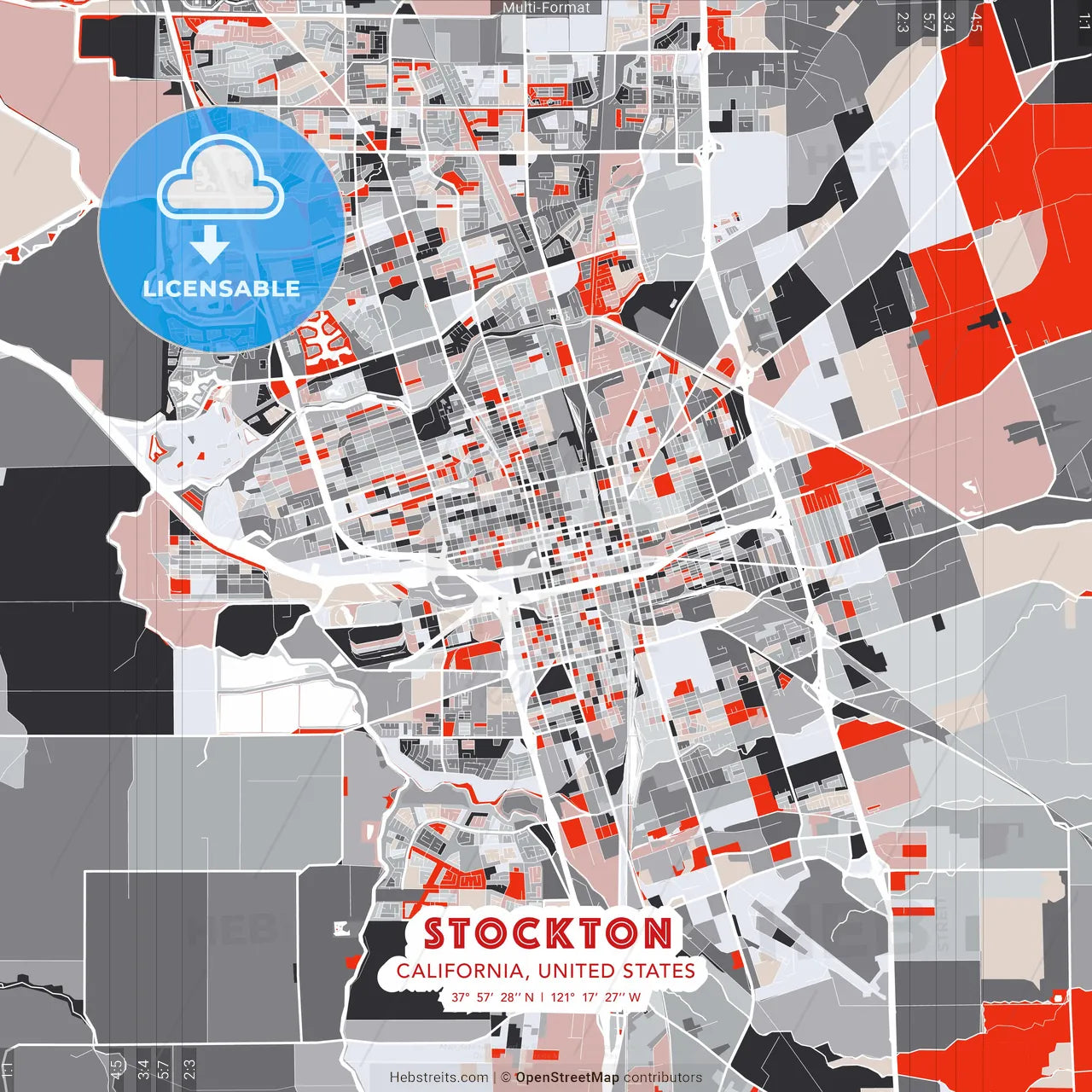 Stockton, California, United States - modern street map poster template with gray and red tones