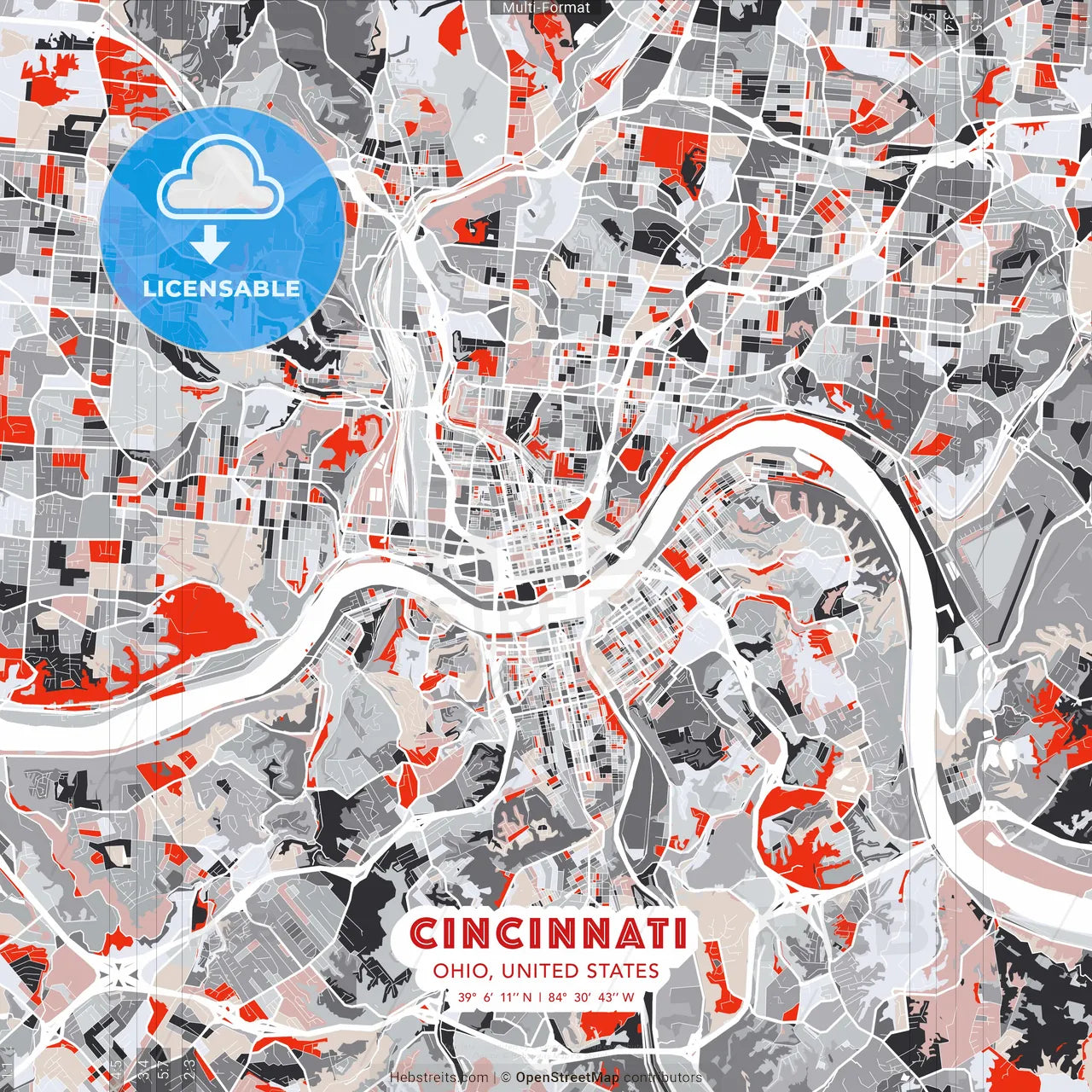 Cincinnati, Ohio, United States - modern street map poster template with gray and red tones