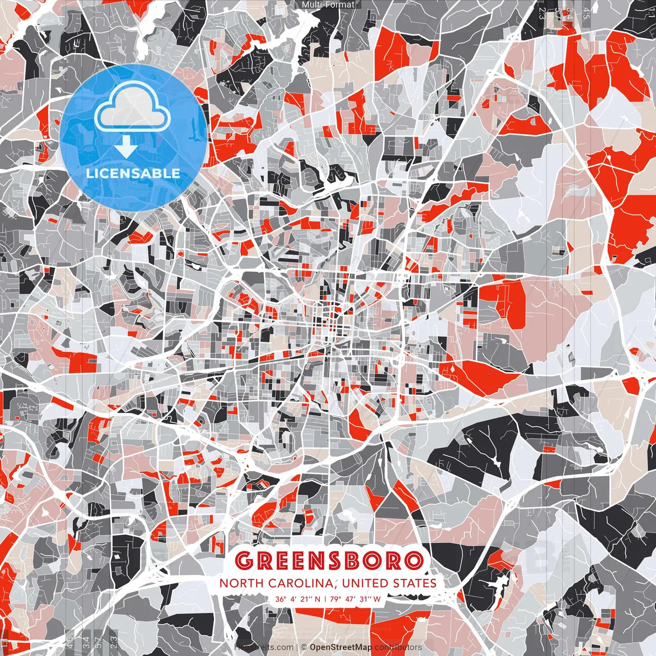 Greensboro, North Carolina, United States - modern street map poster template with gray and red tones