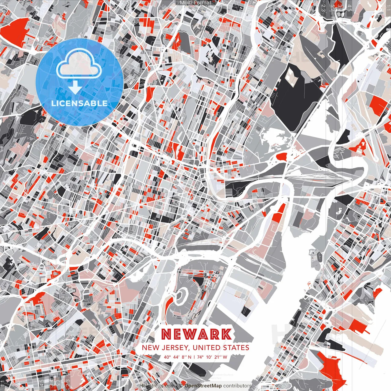 Newark, New Jersey, United States - modern street map poster template with gray and red tones