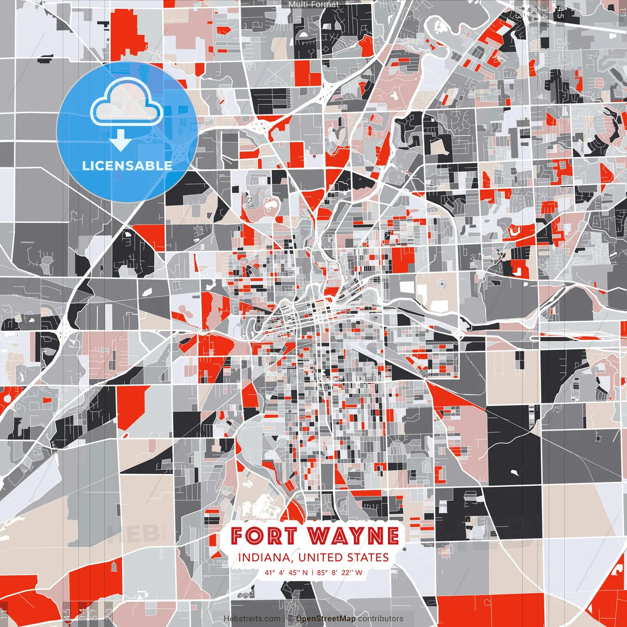 Fort Wayne, Indiana, United States - modern street map poster template with gray and red tones