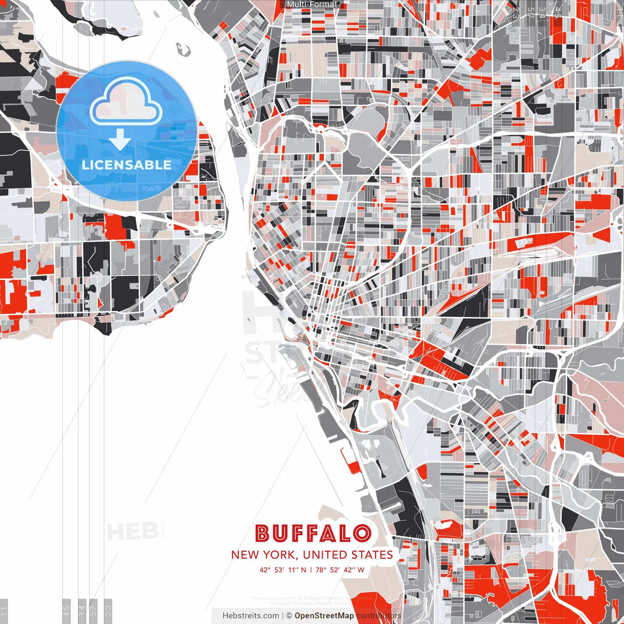 Buffalo, New York, United States - modern street map poster template with gray and red tones