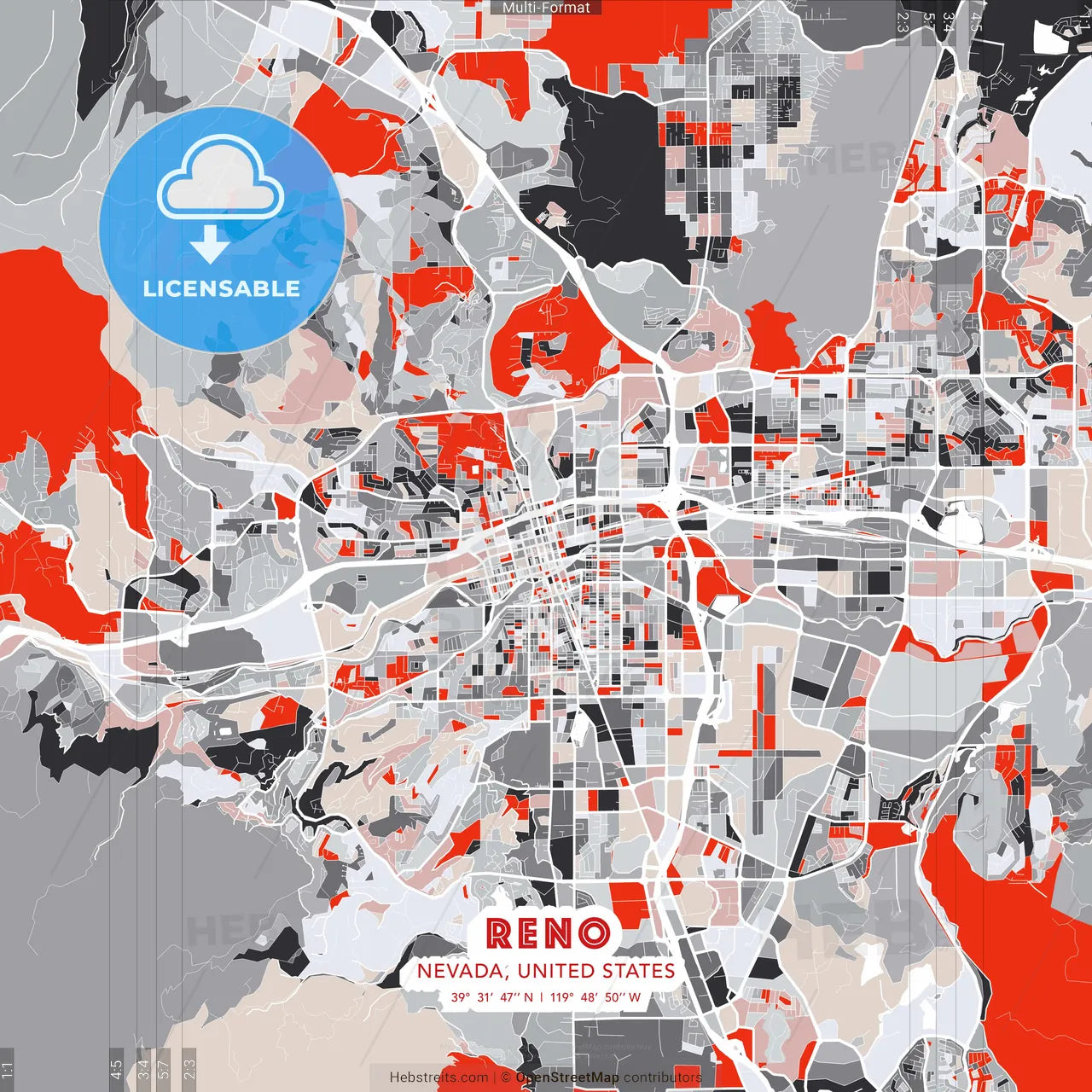 Reno, Nevada, United States - modern street map poster template with gray and red tones