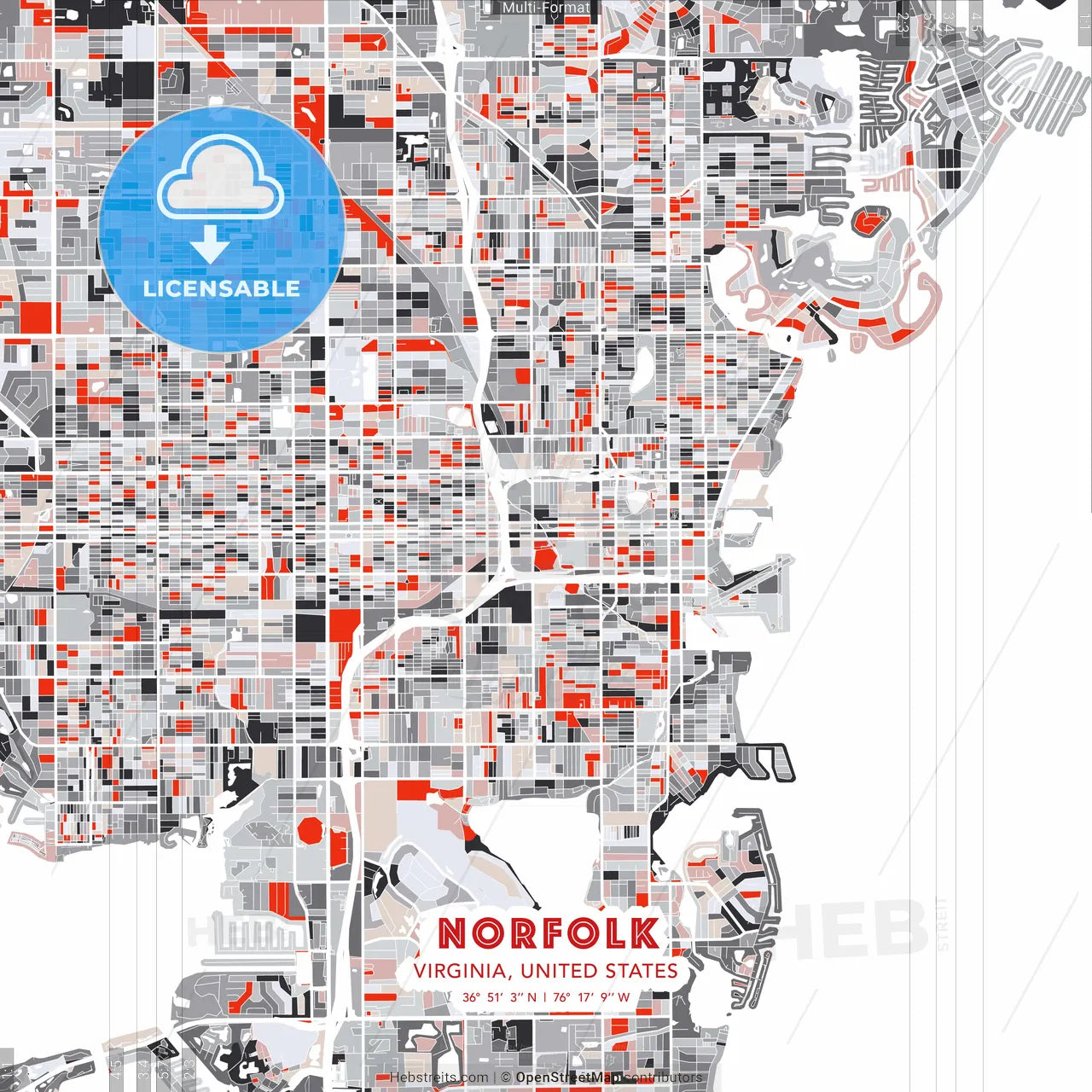 Norfolk, Virginia, United States - modern street map poster template with gray and red tones