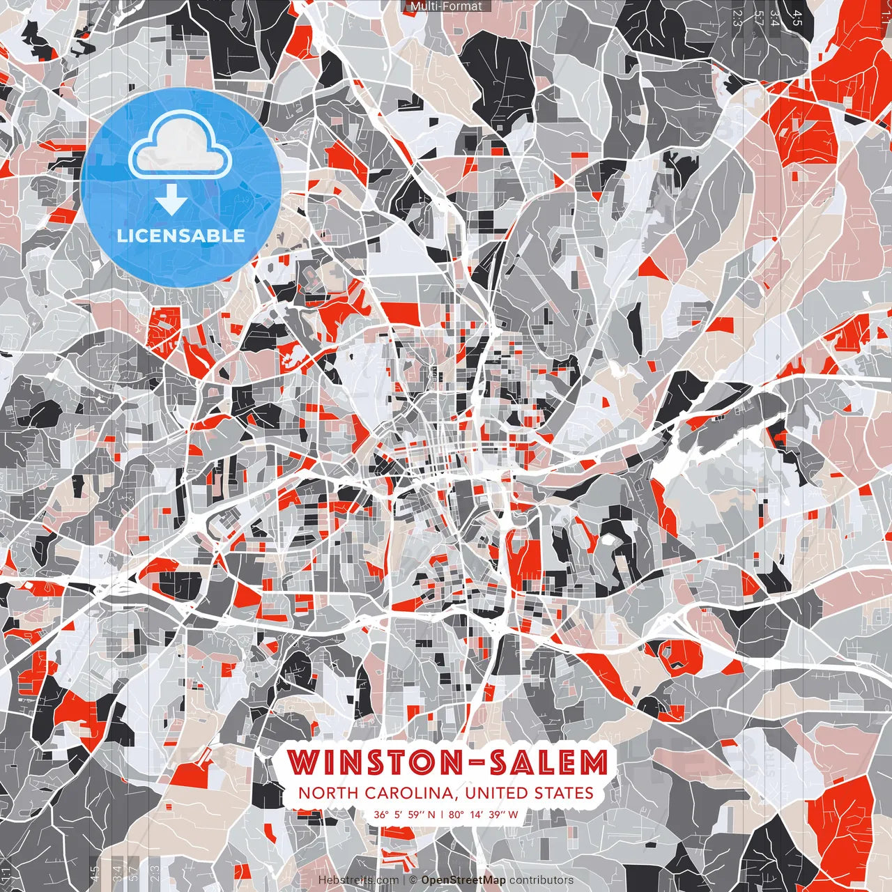 Winston–Salem, North Carolina, United States - modern street map poster template with gray and red tones